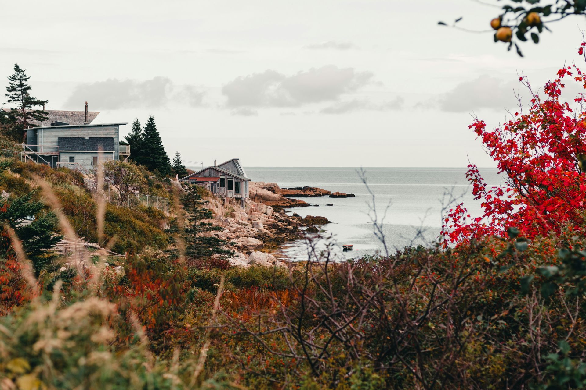 Coastal autumn scene with houses perched on a rocky cliff overlooking the ocean in Nova Scotia, Canada.