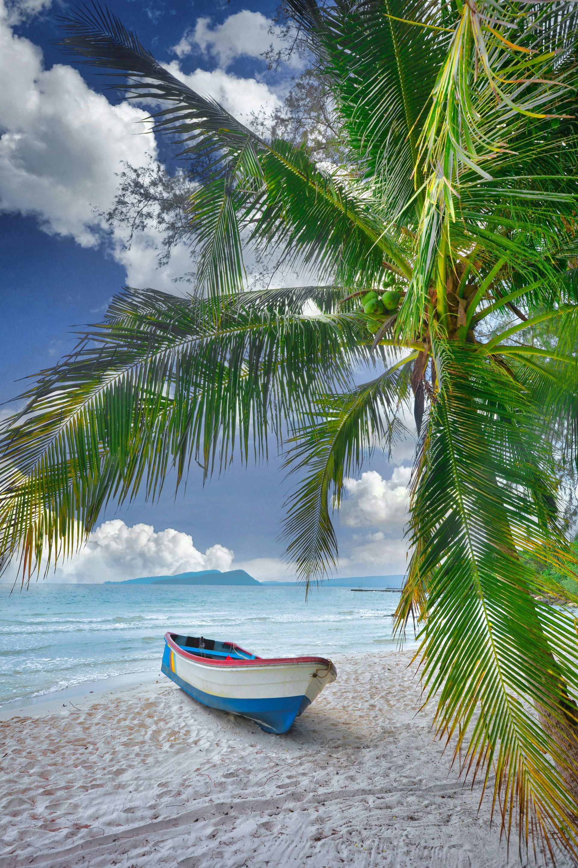 Boat on sandy beach under palm tree, blue water, sunny sky in Koh Rong, Cambodia.