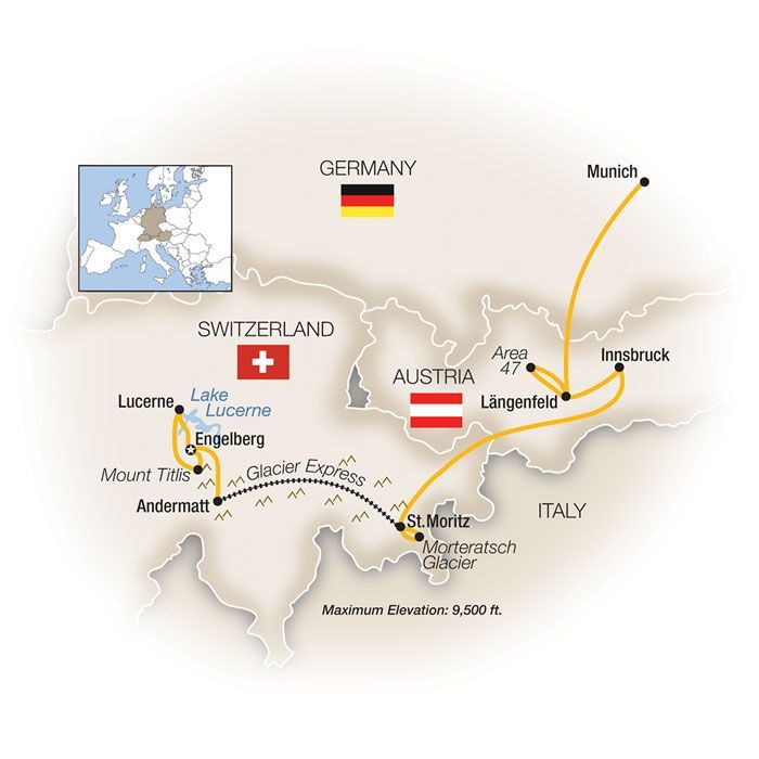 A map showing the route of Tauck's Alpine Adventure tour.