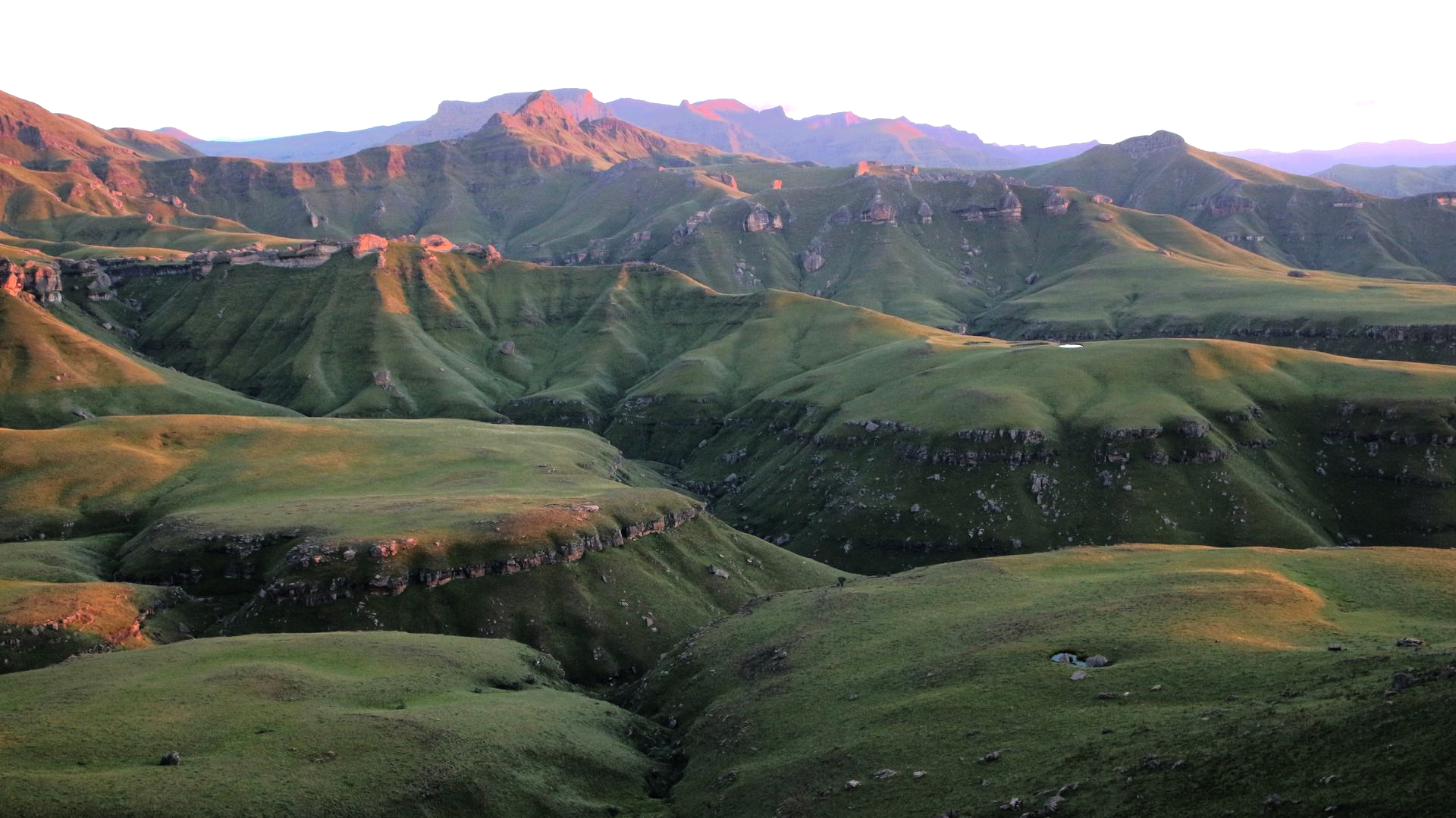 Green rolling hills with rocky cliffs and a mountain range at sunset in the Drakensberg, South Africa.