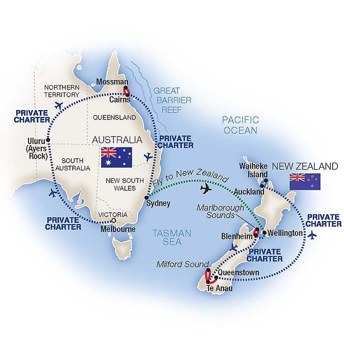 A map showing the route of Tauck's Grand Australia & New Zealand tour.
