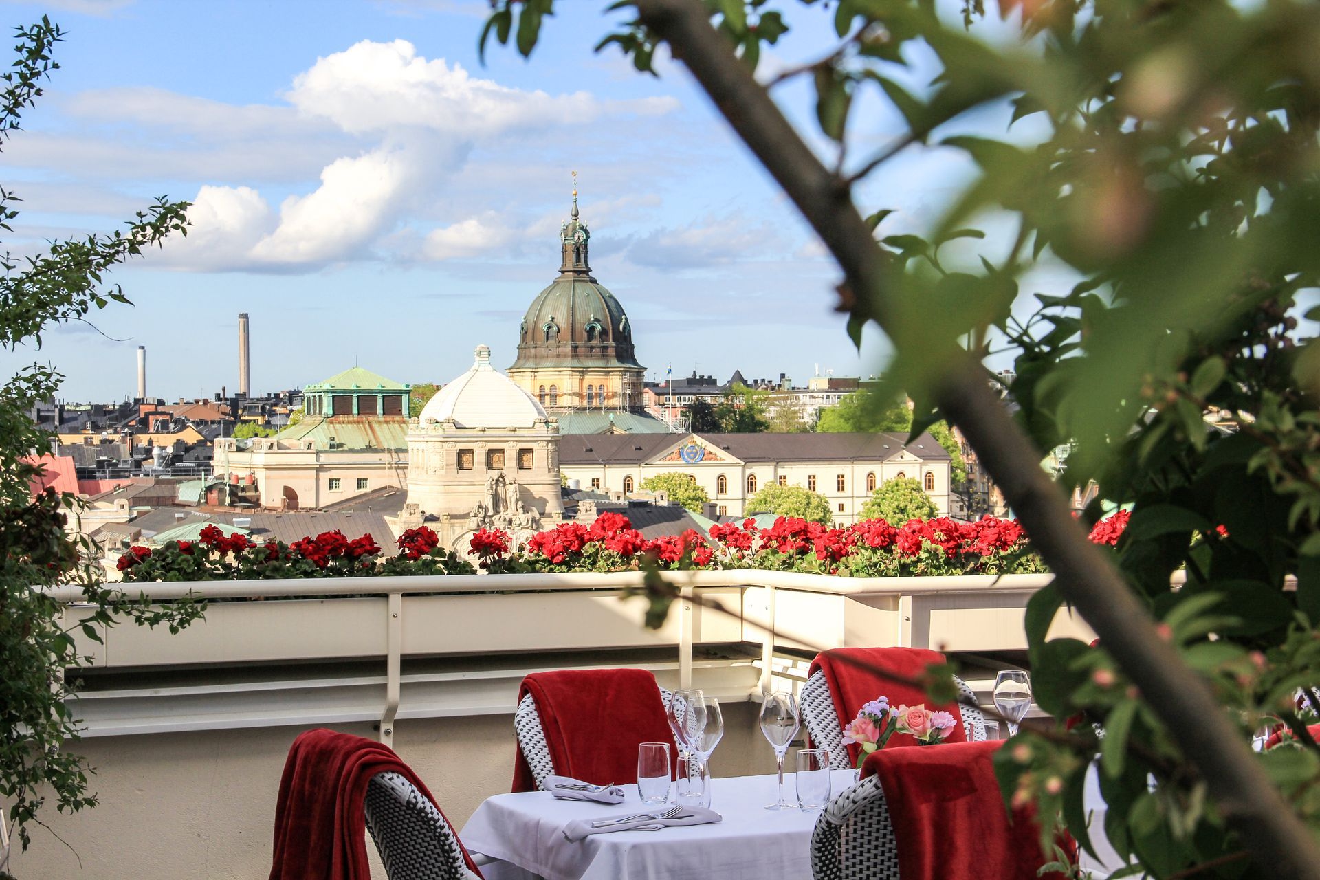 A rooftop restaurant overlooking Stockholm at the Bank Hotel.