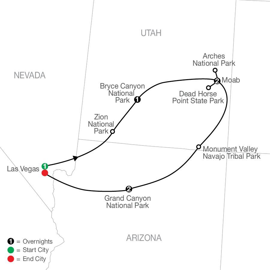 A map showing the route of Globus's America's Canyonlands Escape tour.