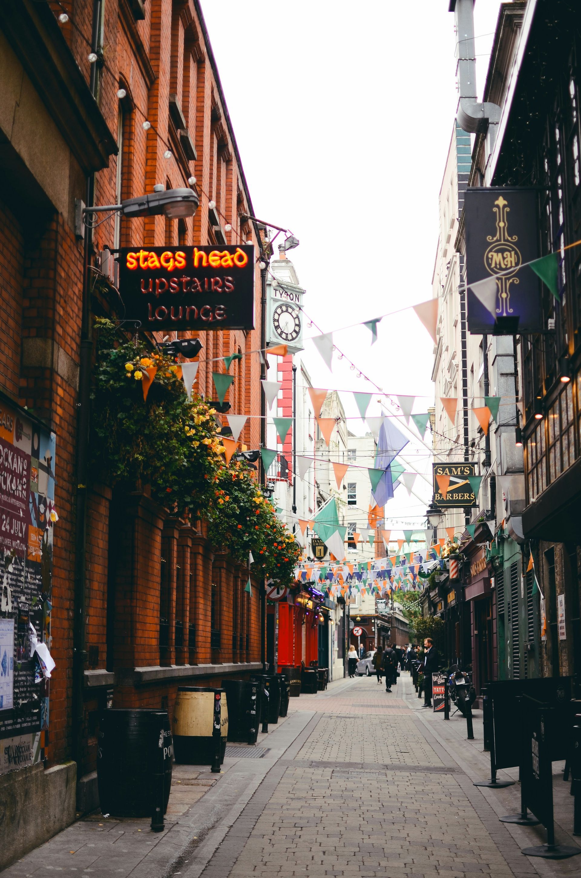 Narrow cobblestone street lined with brick buildings and pubs. Colorful flags hang overhead in Dublin, Ireland.