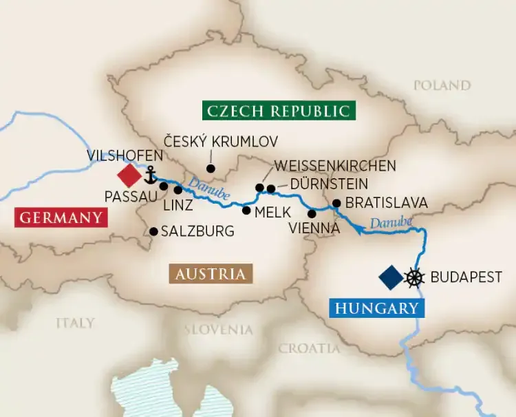 A map showing the route of Amawaterway's Christmas Markets
On the Danube river cruise.