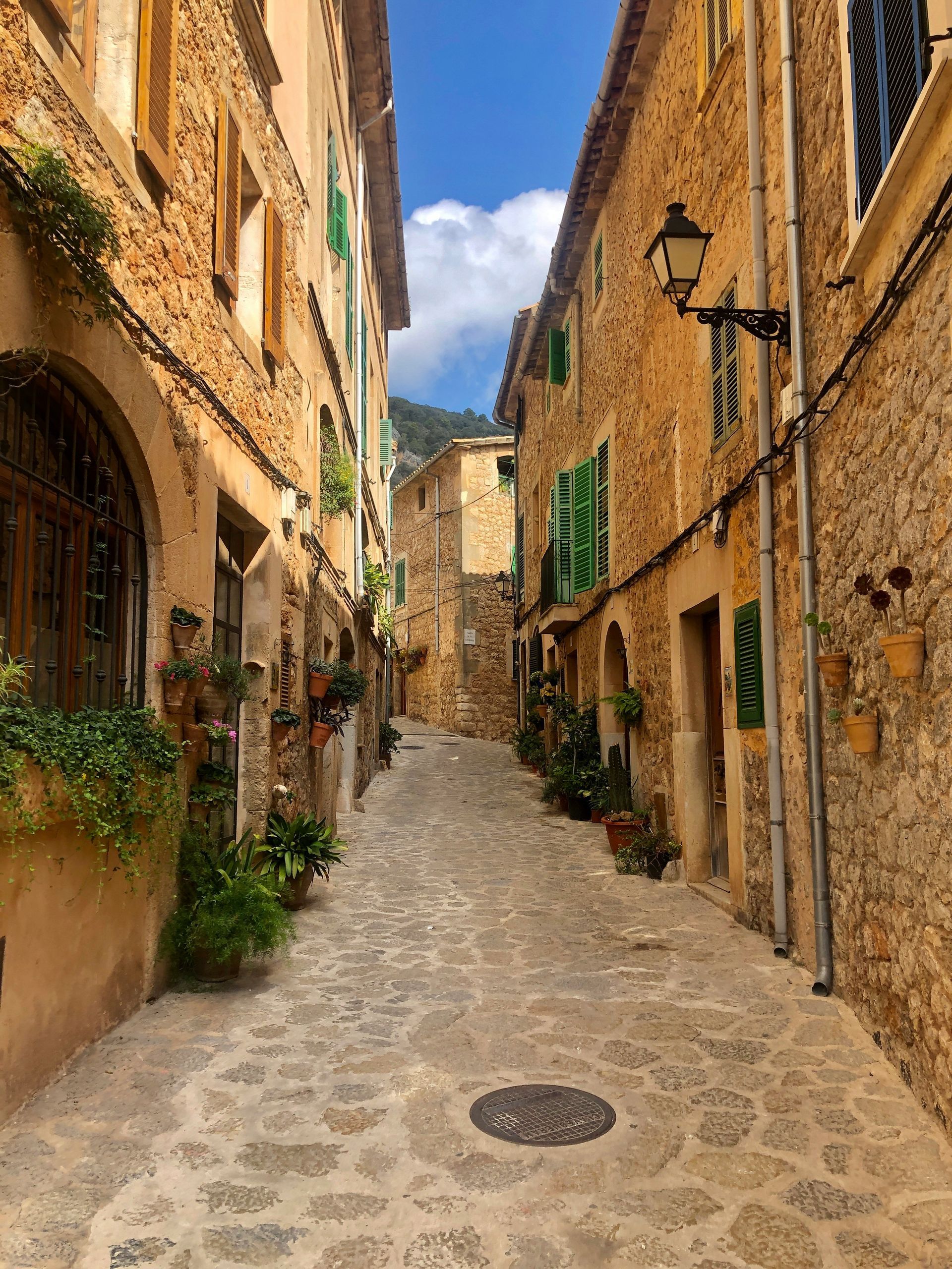Narrow cobblestone street lined with stone buildings, green shutters and plants in Majorca, Spain.