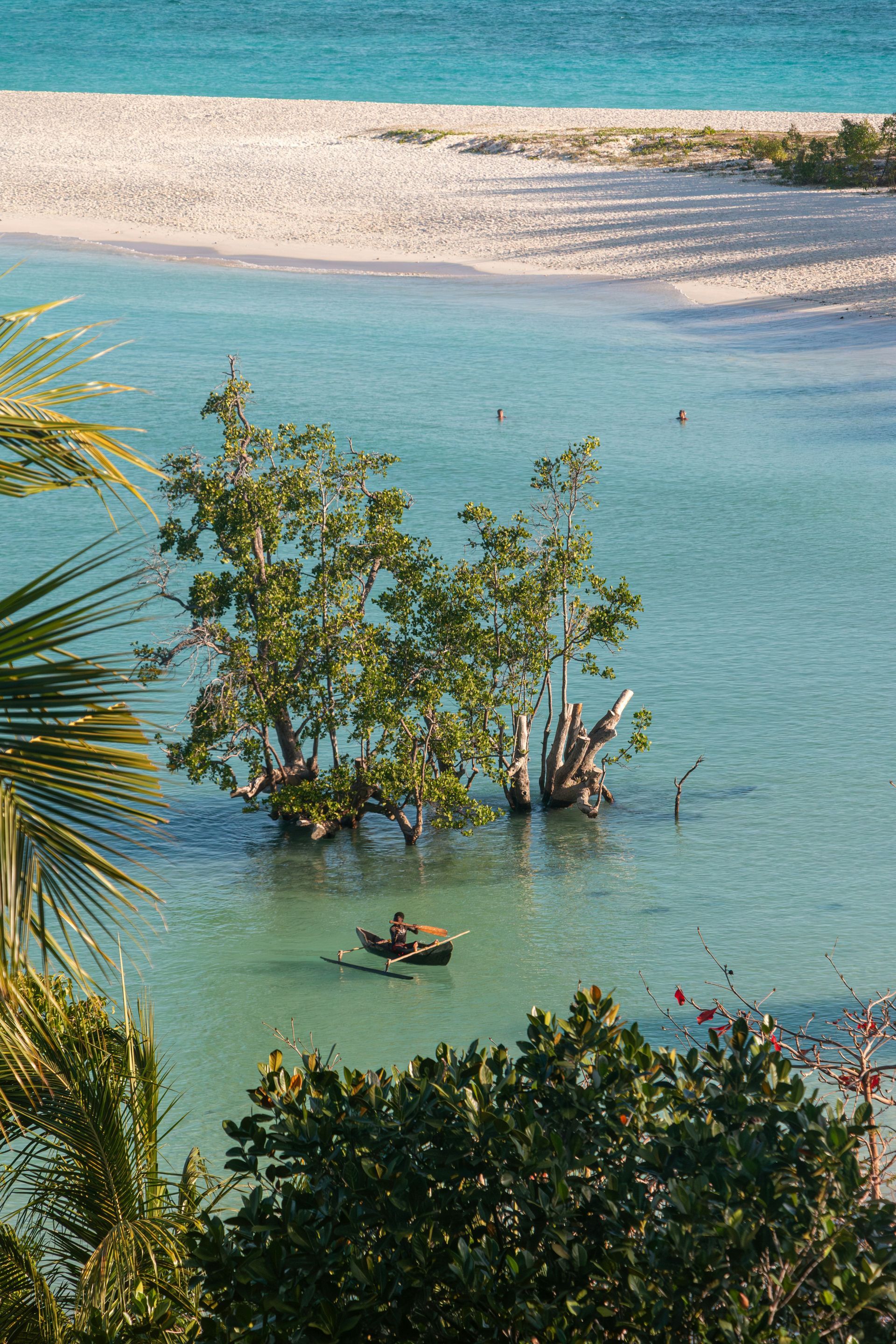 A small boat in turquoise water near a tree, with a sandy beach on Nosy Iranj, Madagascar.