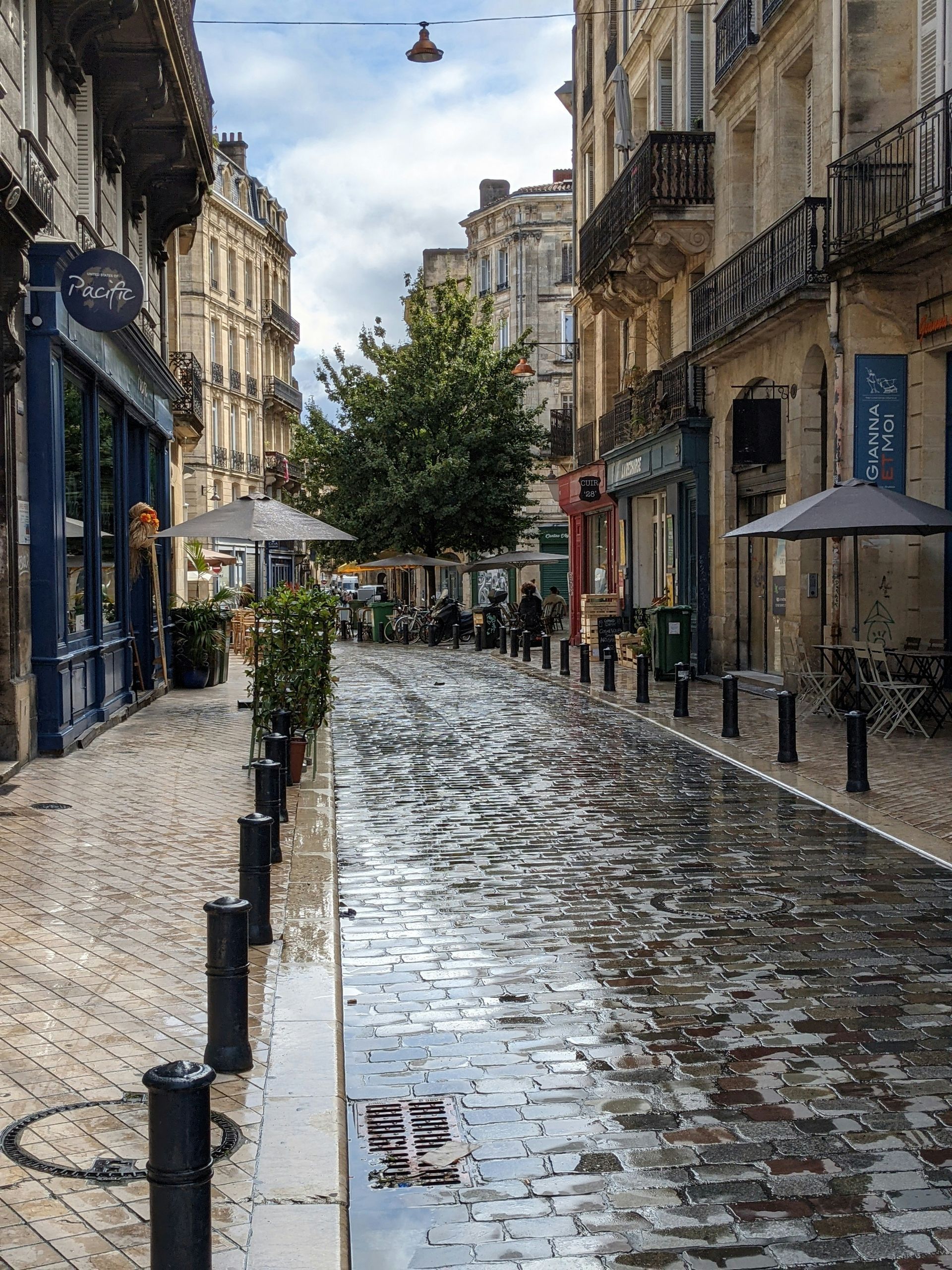 A cobblestone street lined with shops and umbrellas on a rainy day in Bordeaux, France.