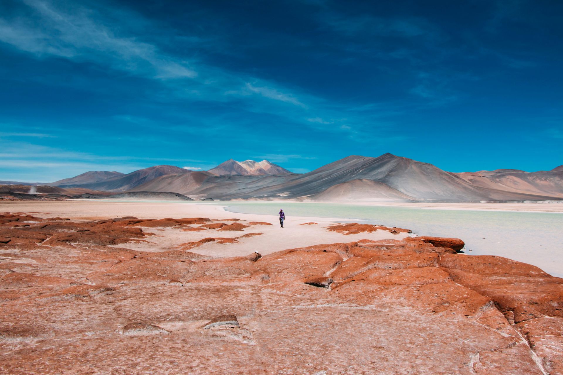 Person standing near a light-colored lake, reddish-brown rock formations, and mountains in the Atacama Desert, Chile.