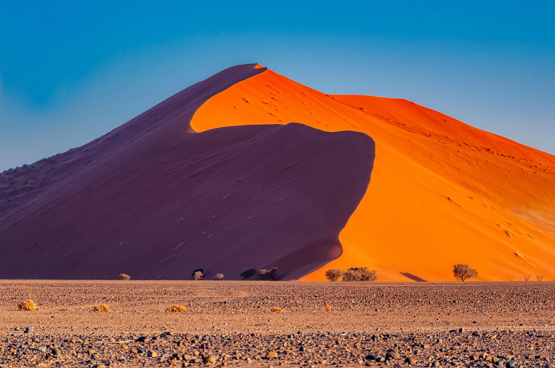 Orange sand dune with dark shadow against a blue sky in the Namib Desert, Namibia.