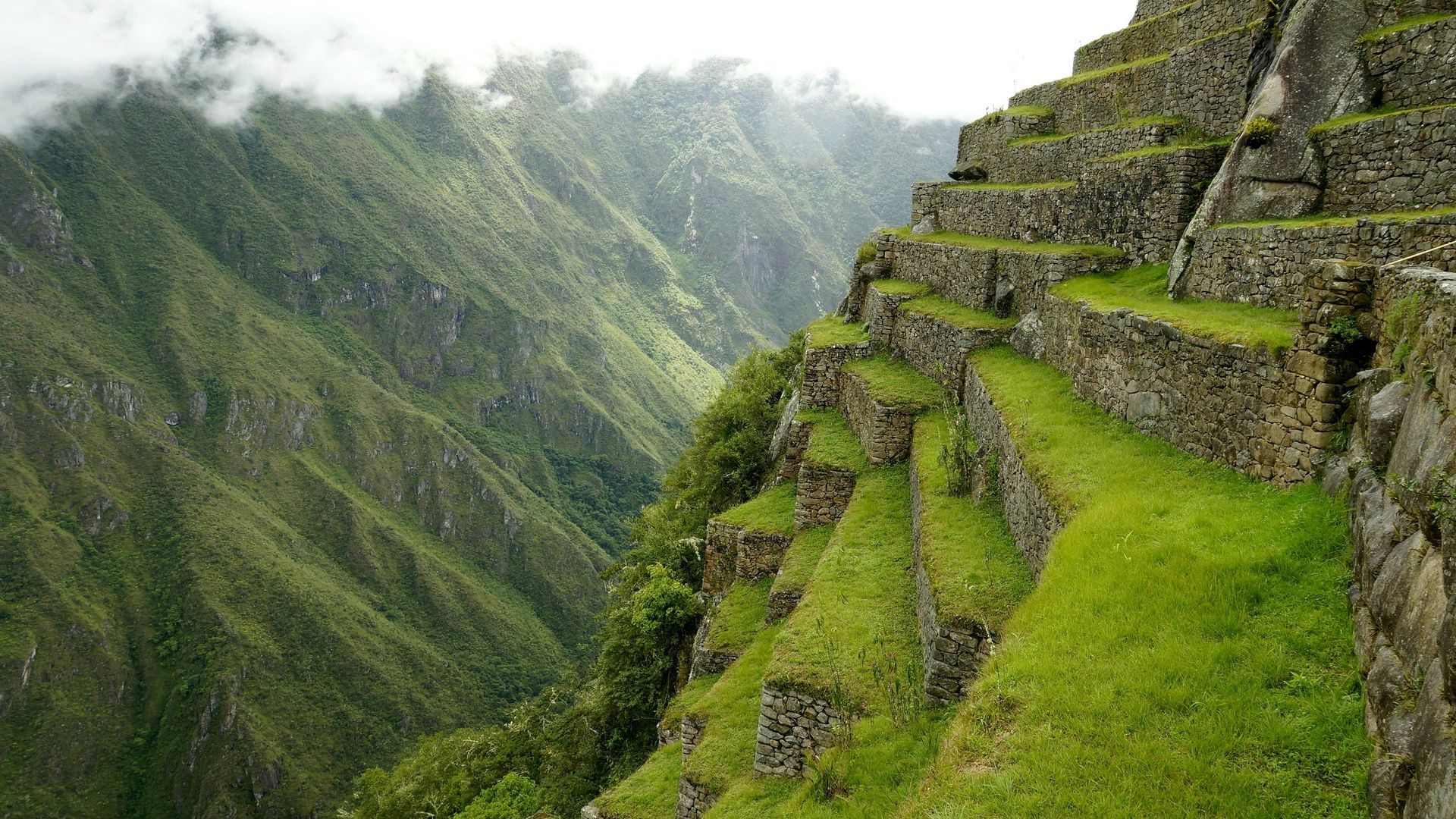 A cliff with a lot of grass on it and mountains in the background in Machu Picchu, Peru.