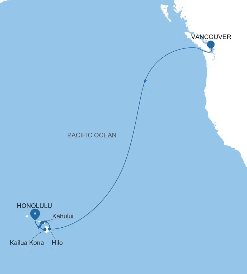 A map showing the route of the Silversea cruise from Vancouver to Honolulu, Hawaii.