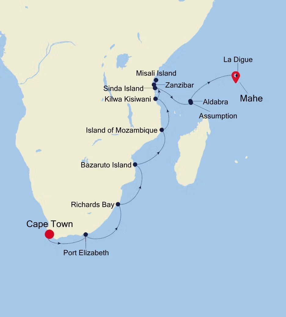 A map showing the route of a Silversea Expedition cruise around South Africa.