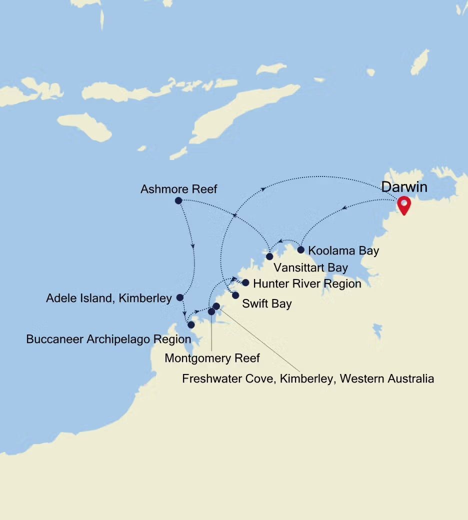 A map showing the route of a Silversea Expedition cruise through Darwin, Australia.