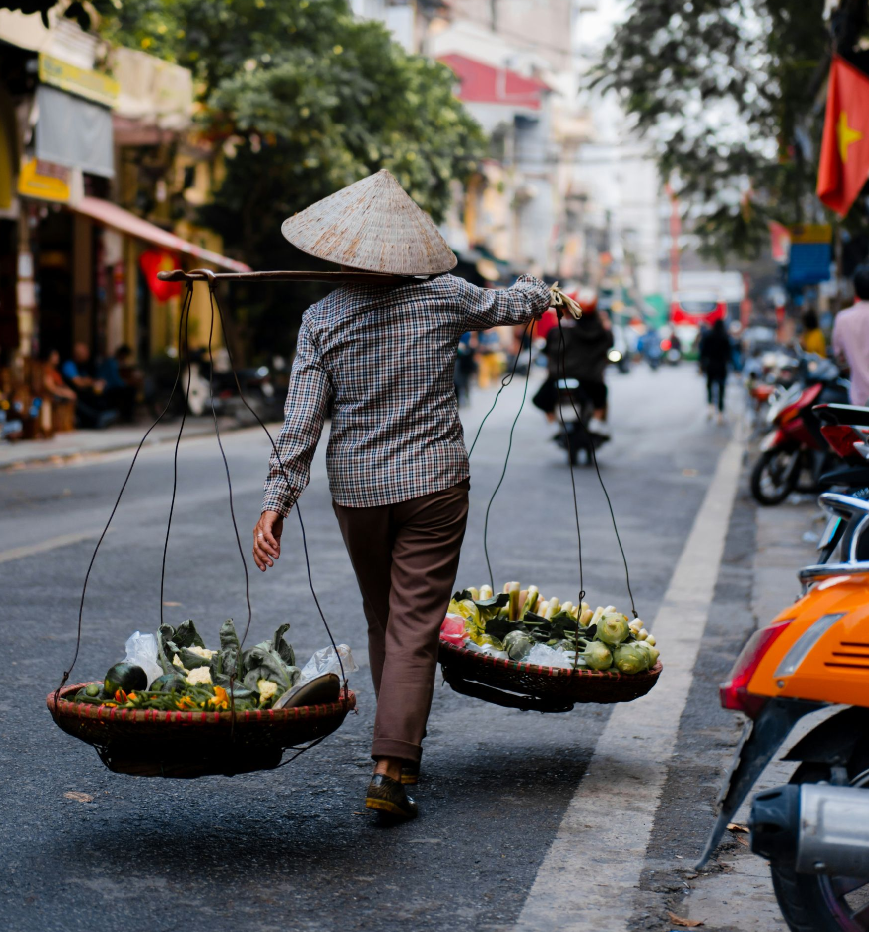 Woman in traditional hat carrying baskets of fruit on a street in Vietnam.