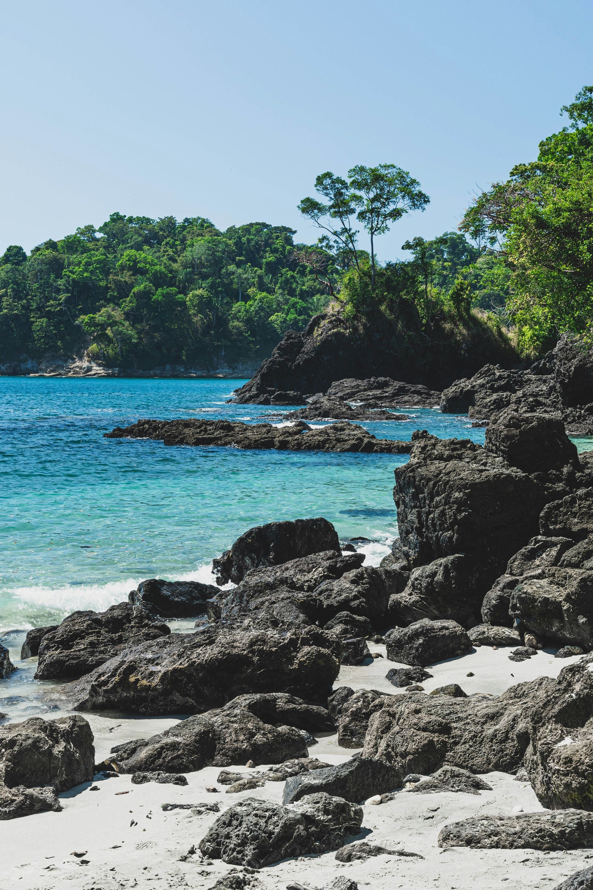 Rocky beach with turquoise water, white sand, and lush green trees under a blue sky in Manuel Antonio, Costa Rica.