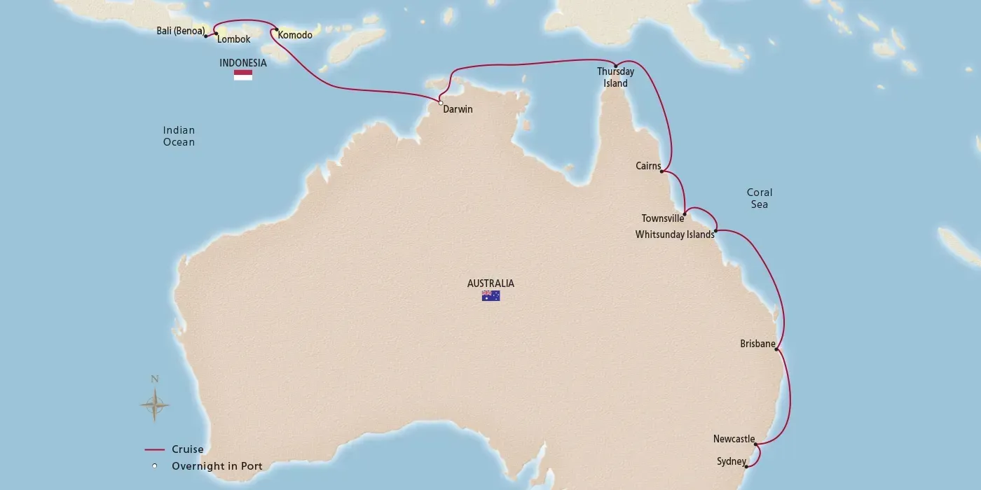 A map showing the route of Viking Cruises' Komodo & the Australian Coast cruise.