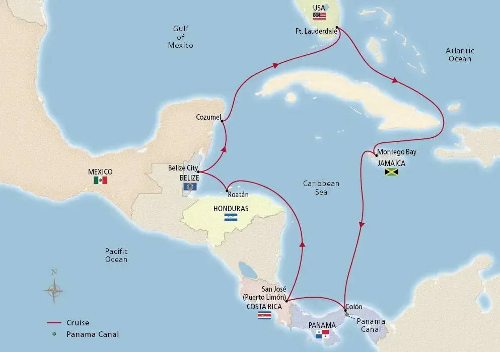 A map showing the route of Viking Cruises' cruise through the Panama Canal and Central America.