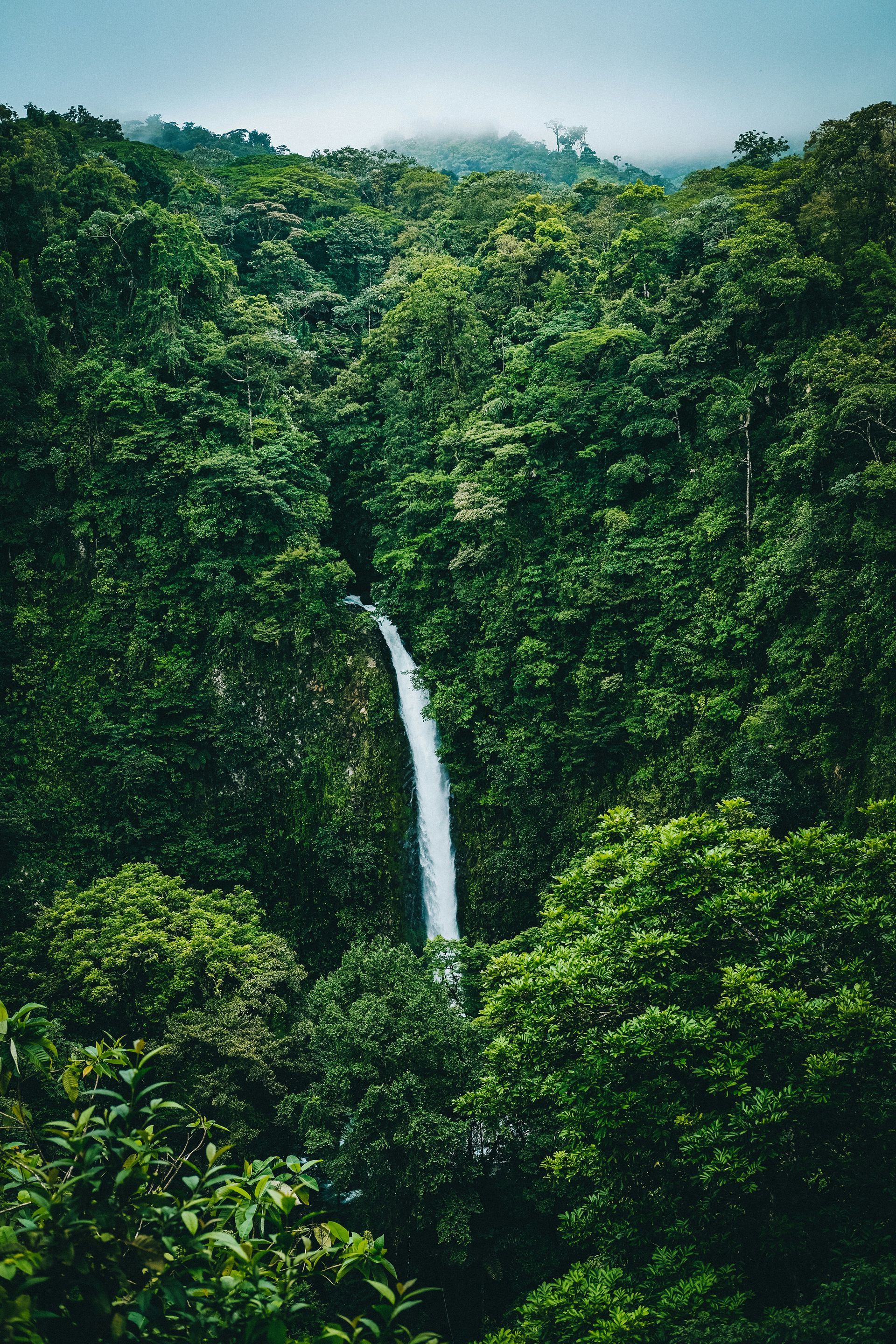 The Fortuna Waterfall cascading through a lush green rainforest under a cloudy sky in Costa Rica.