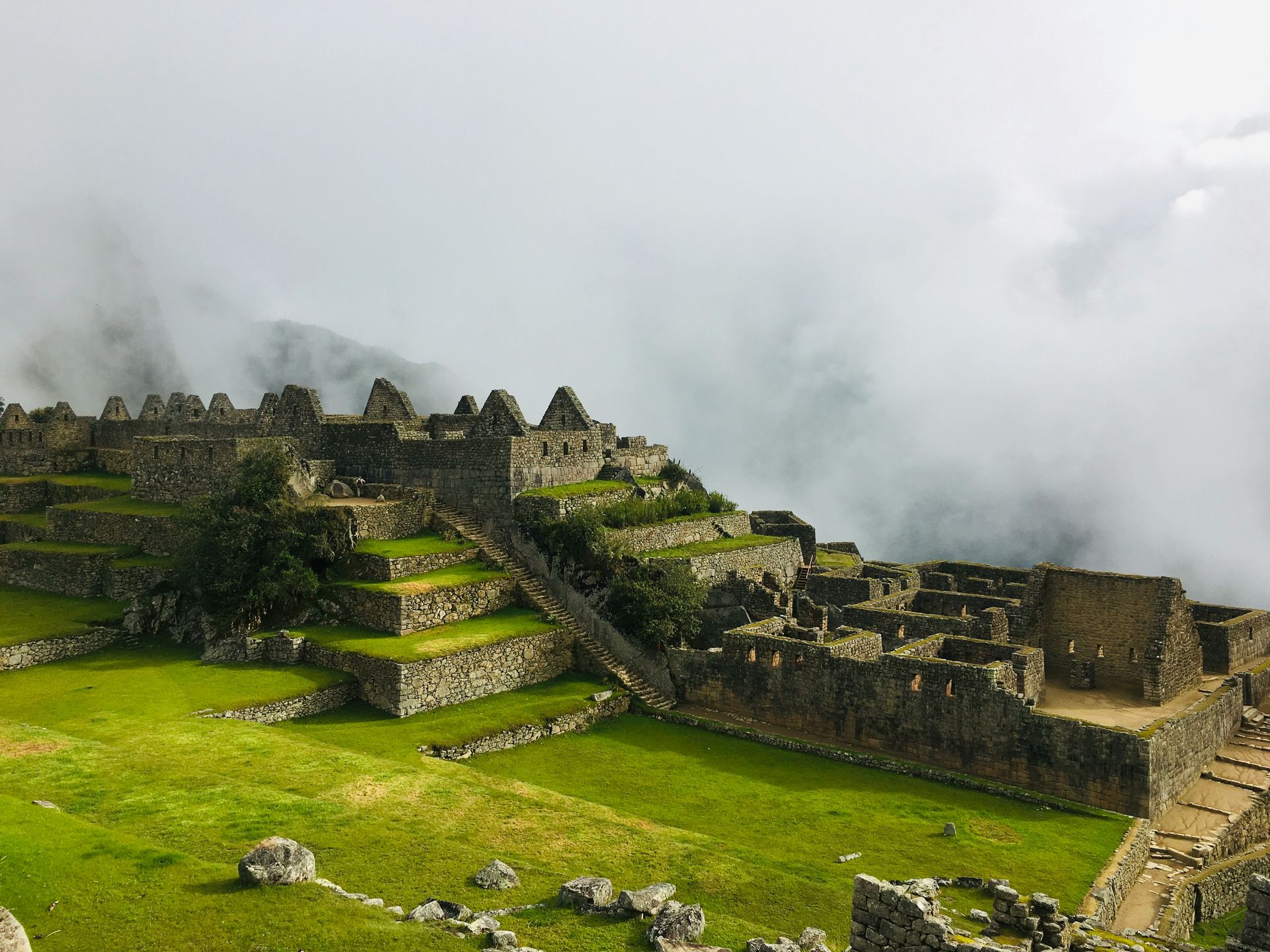 An aerial view of the ruins of the Inca city of Machu Picchu, Peru.