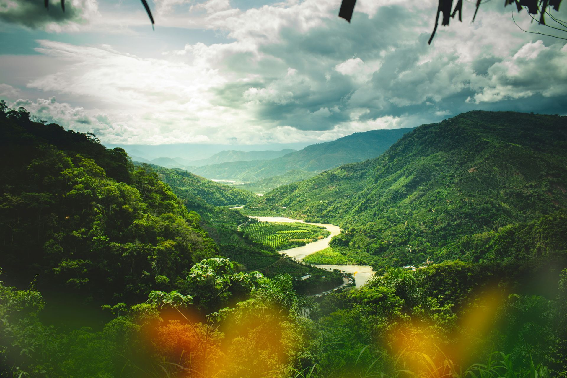 A river runs through a lush green valley surrounded by mountains in the Amazon Rainforest of Peru.