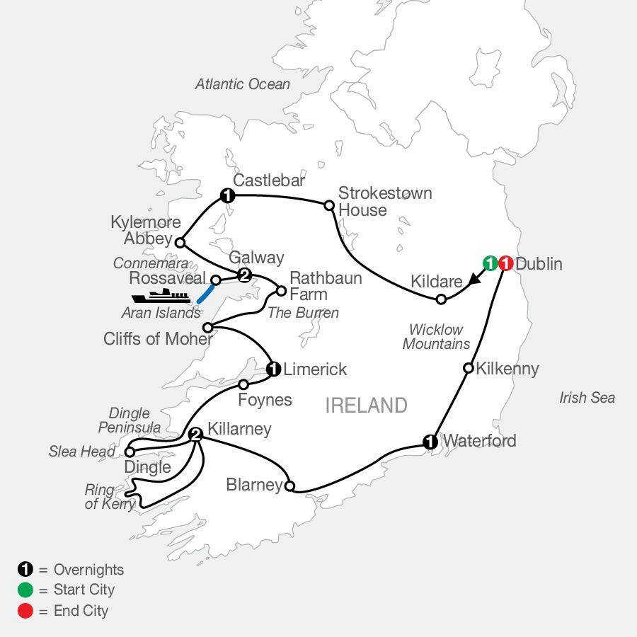 A map showing the route of Globus's Emerald Isle tour through Ireland.