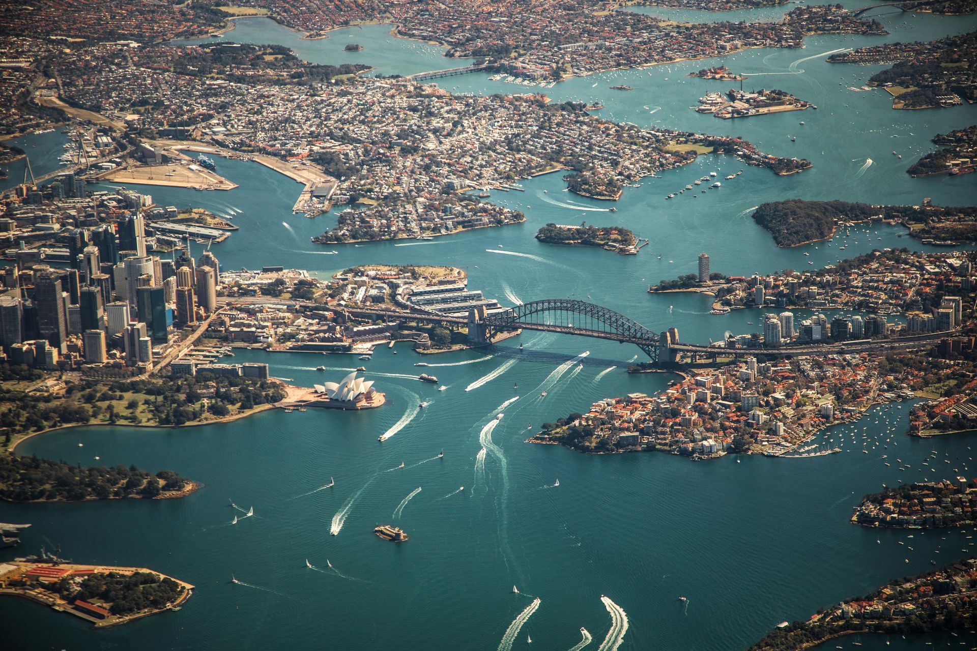 An aerial view of the Sydney Harbor Bridge in Australia.