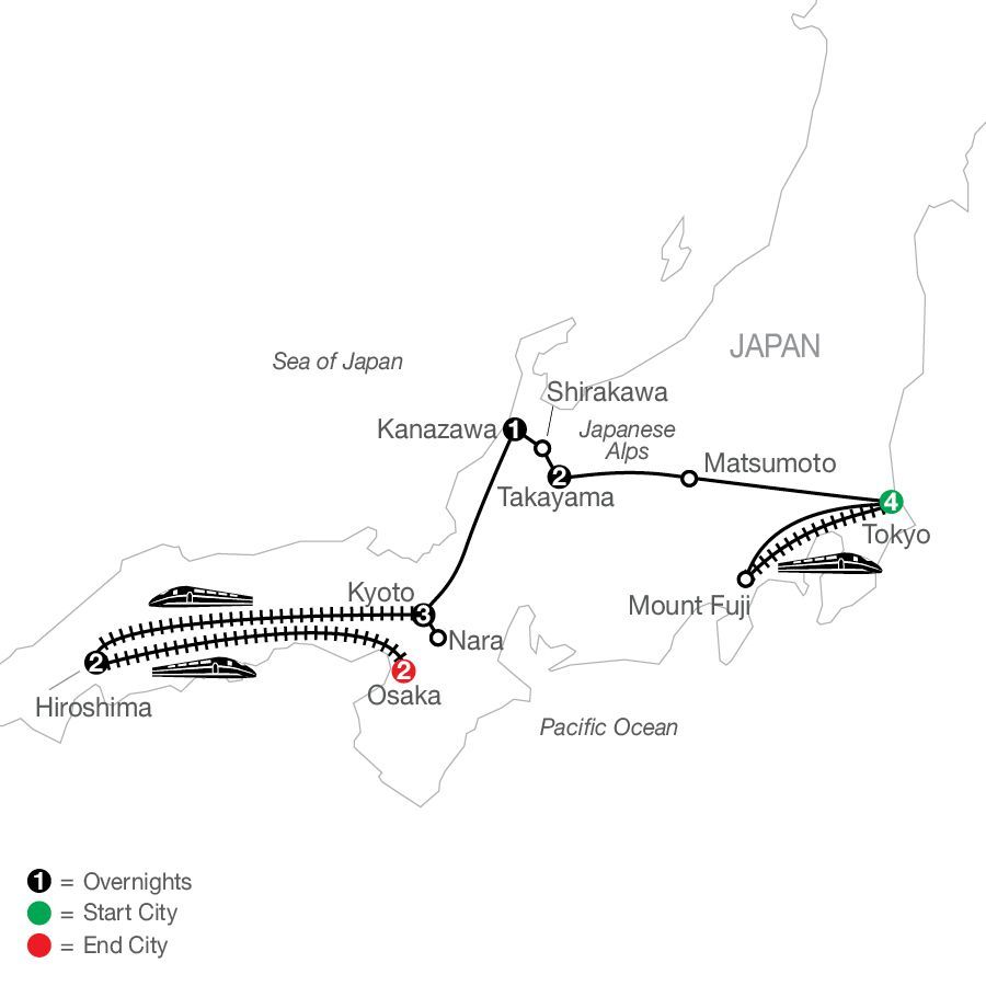 A map showing the route of Globus' Visions of Japan tour.
