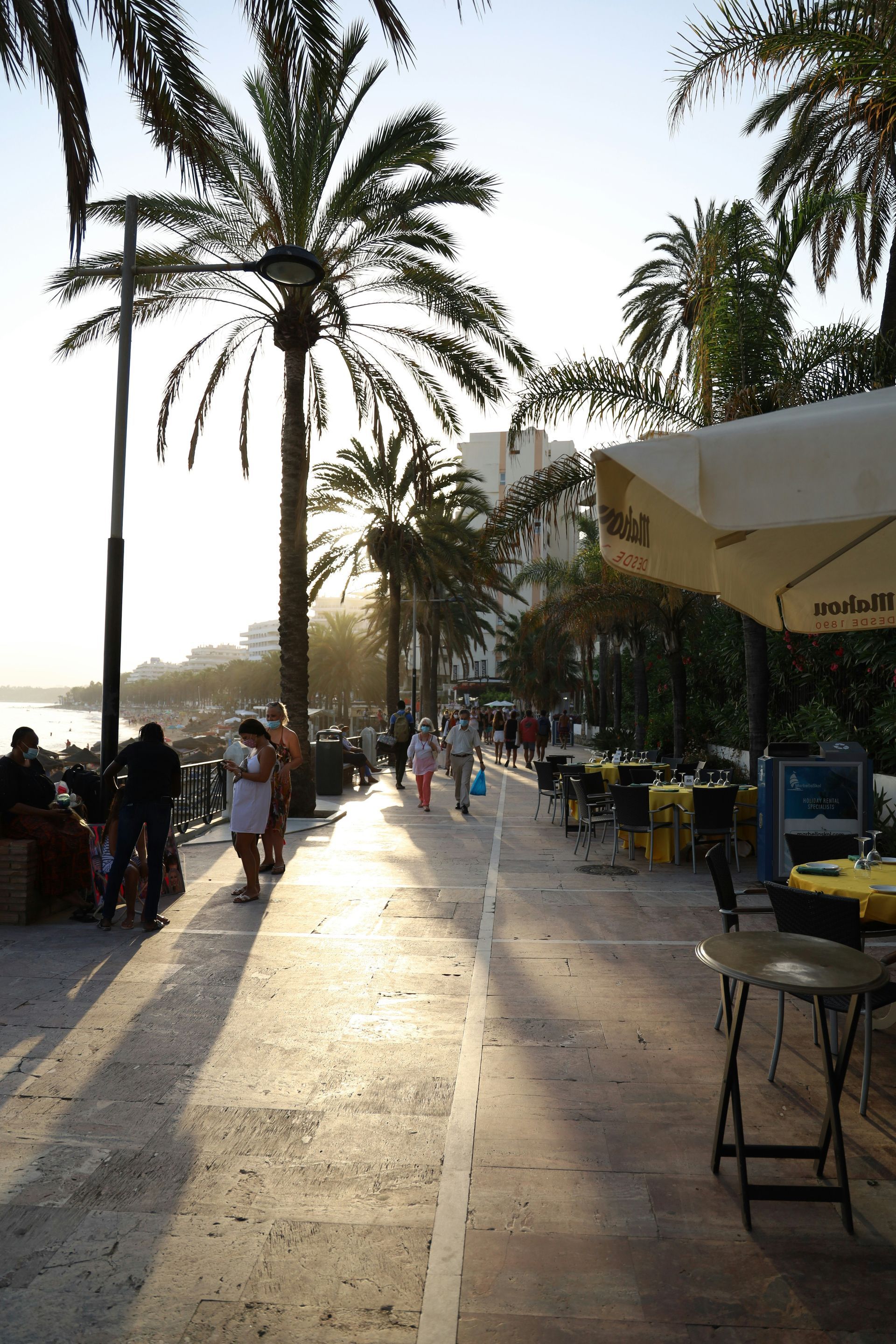 Palm-lined promenade with people walking and outdoor cafe seating in Marbella, Spain.