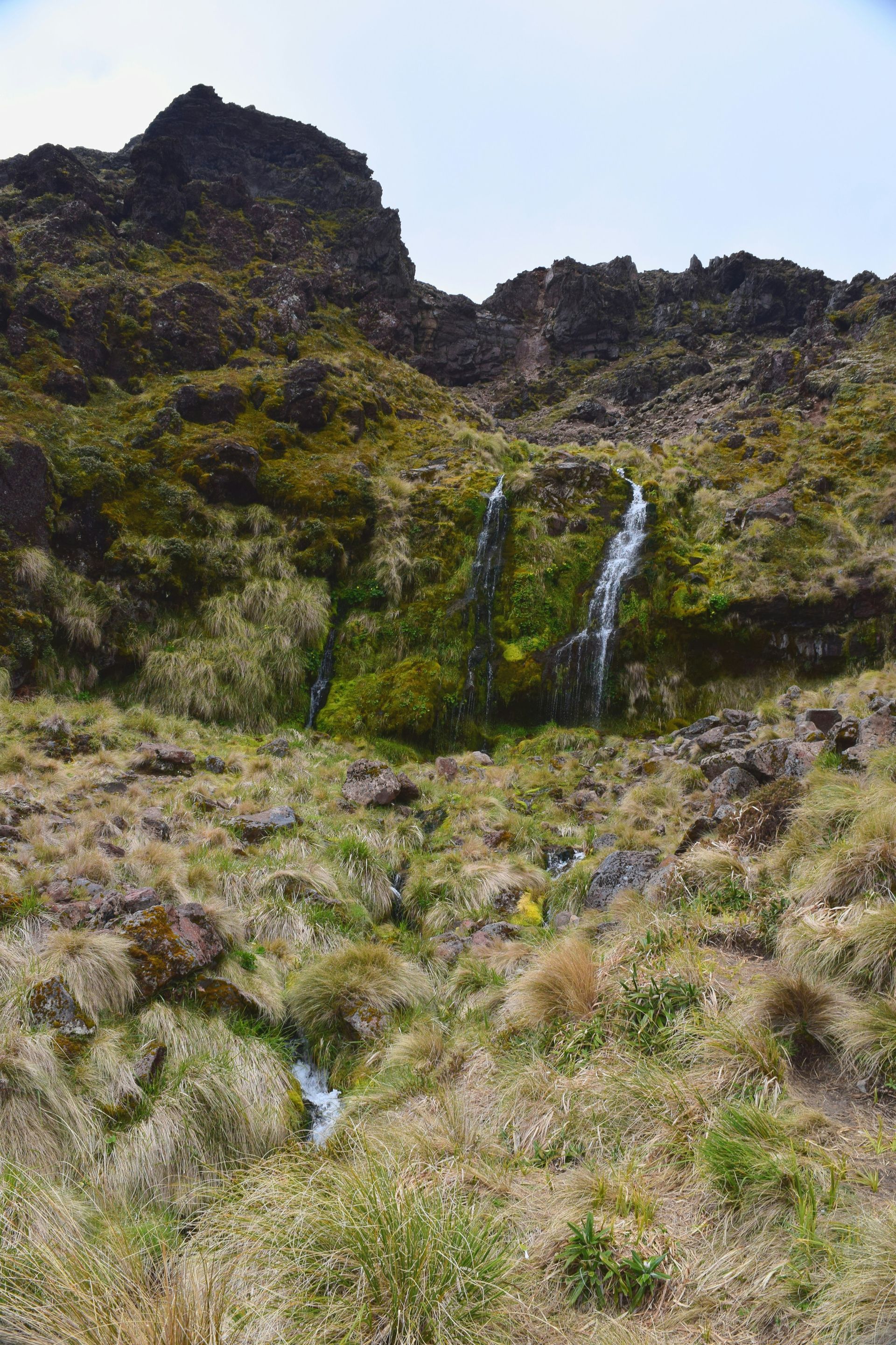 There is a waterfall in the middle of a grassy field in Tongariro National Park, New Zealand.