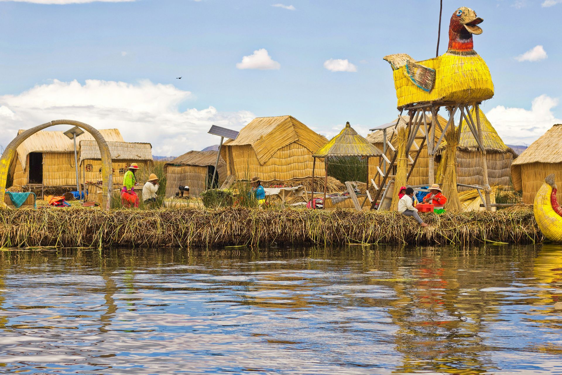 A small village is floating on top of Lake Titicaca, Peru.