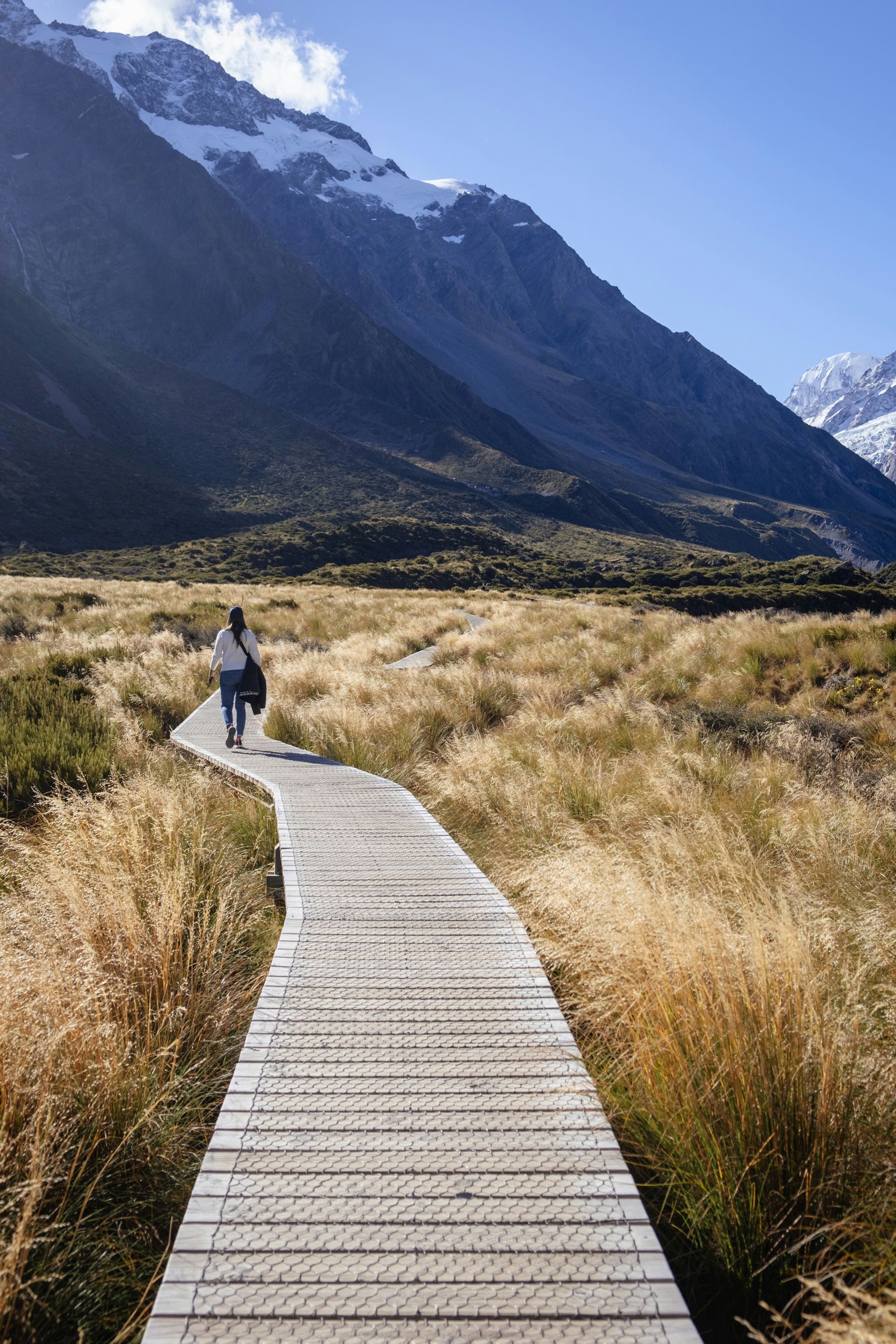 A wooden walkway going through a grassy field with Mount Cook in the background on the Hooker Valley track, New Zealand.
