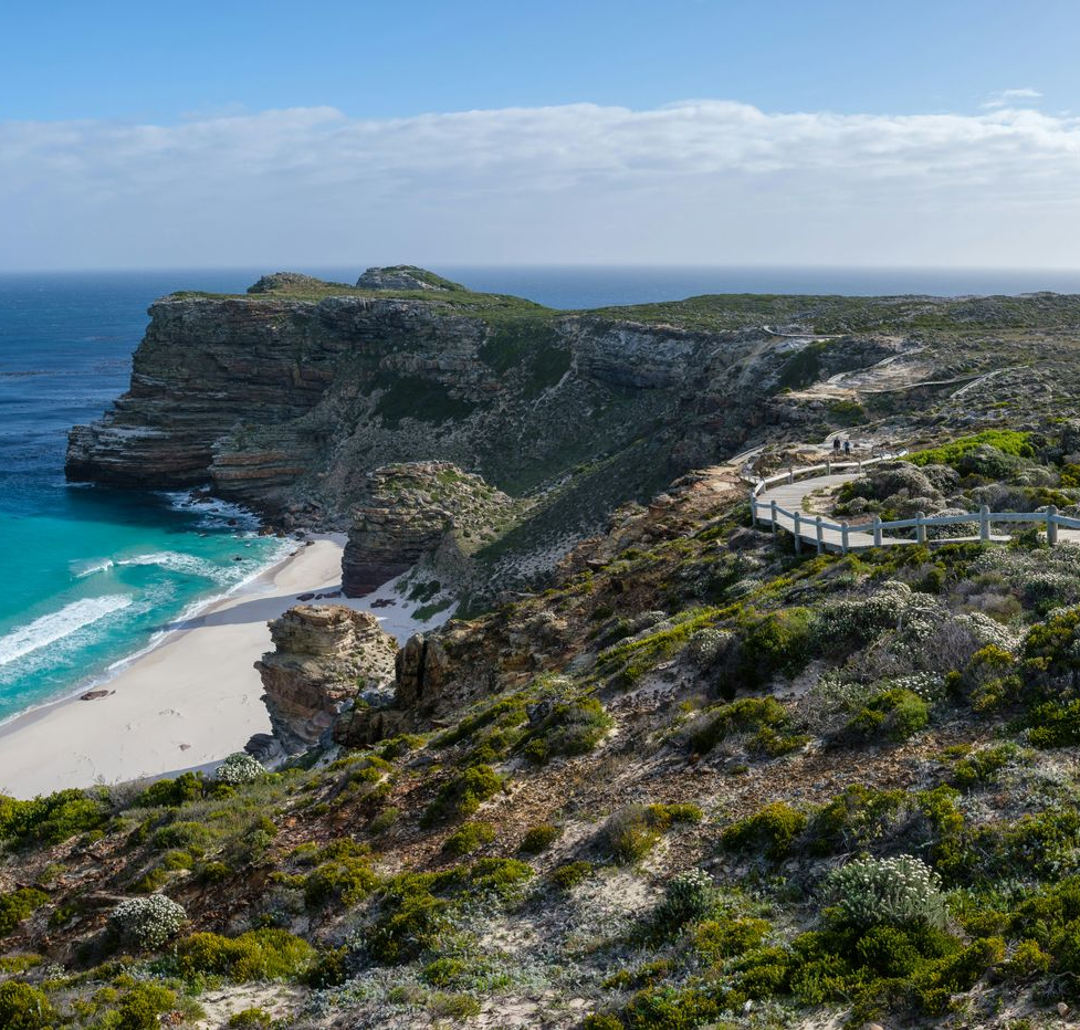 Cliffside beach view at Cape Point, South Africa, with turquoise water, white sand, and winding walkway.