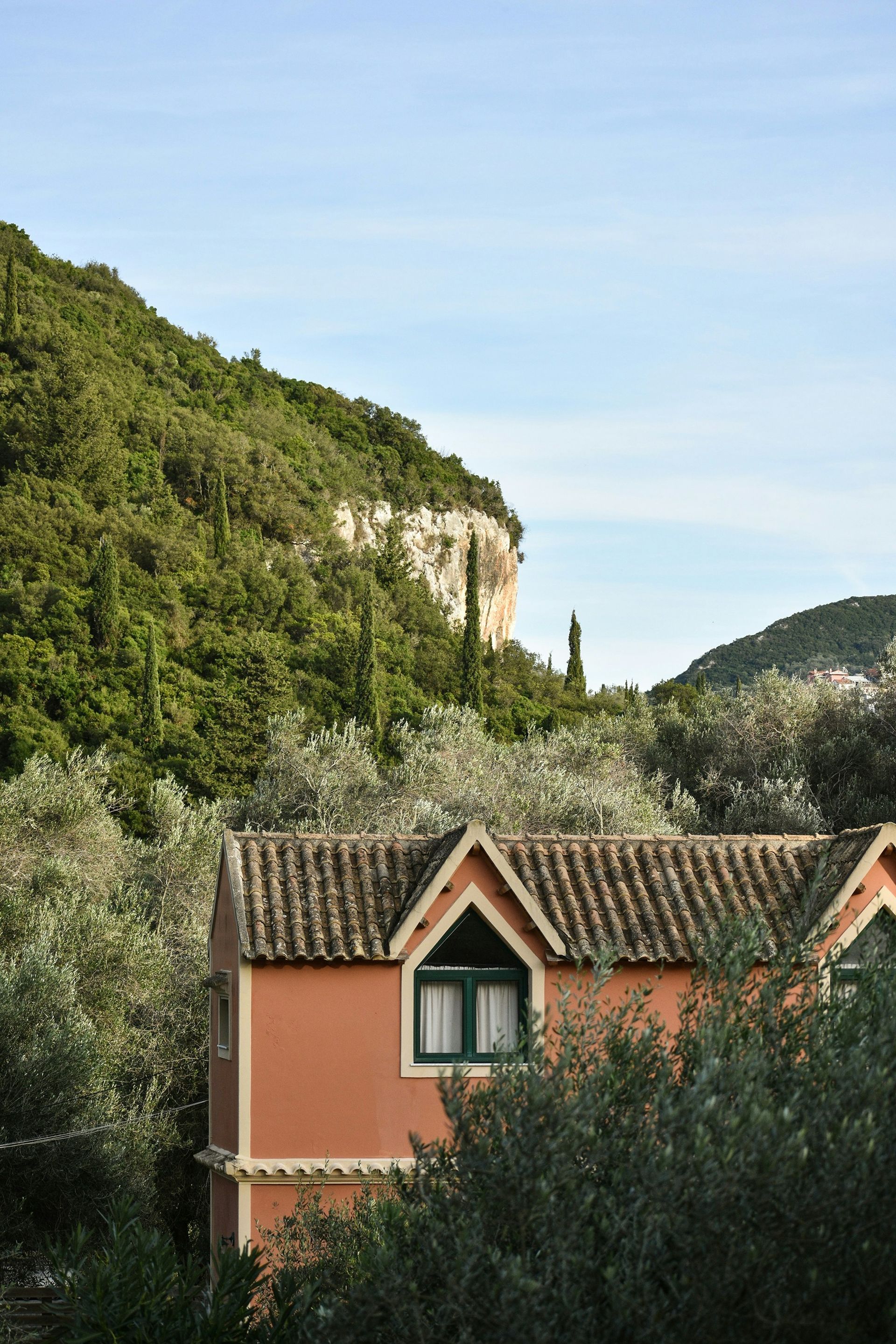 A small house in the middle of a forest with a mountain in the background in Corfu, Greece.