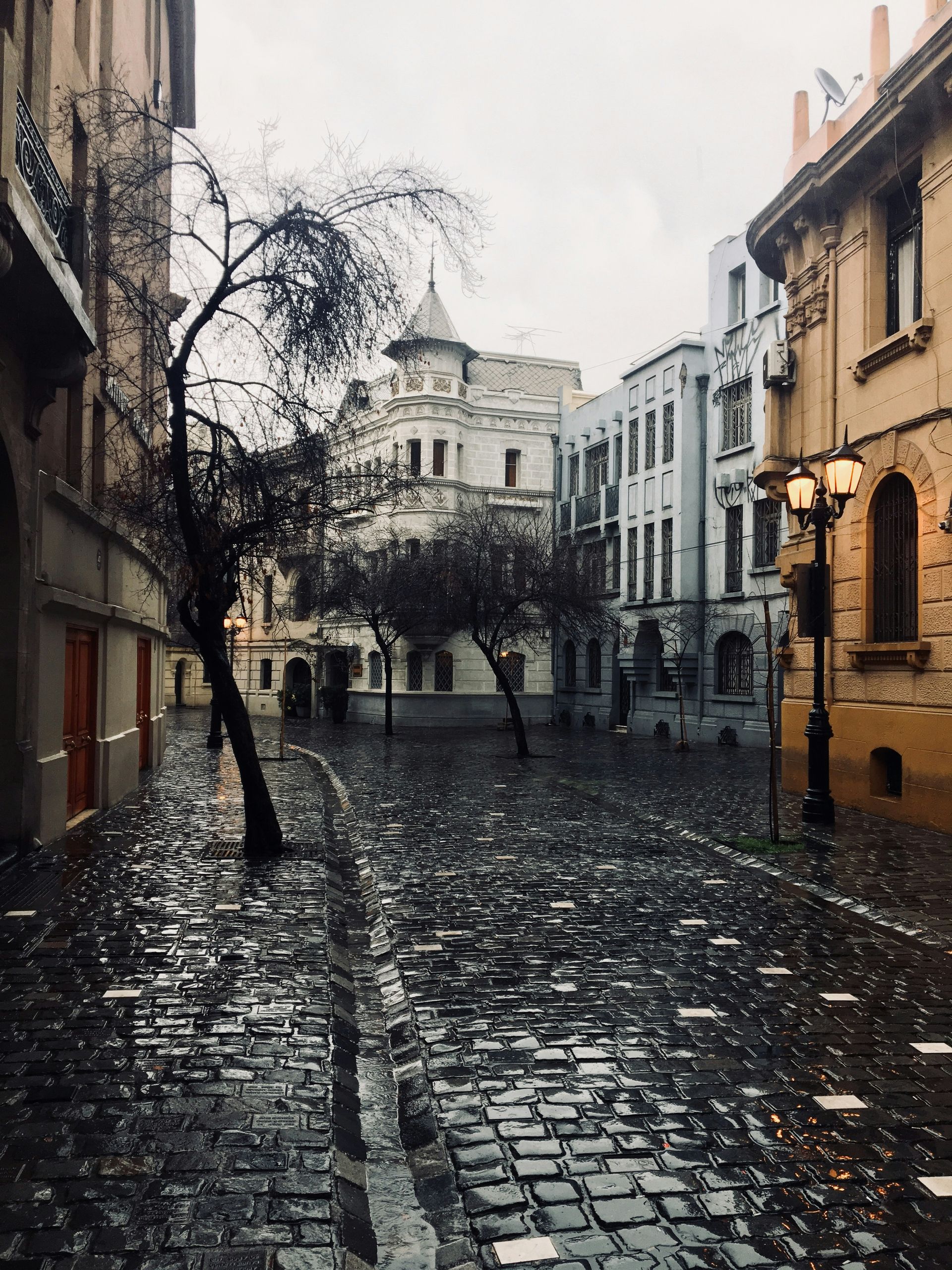Cobblestone street with buildings, trees, and street lamps on an overcast day in Santiago, Chile.