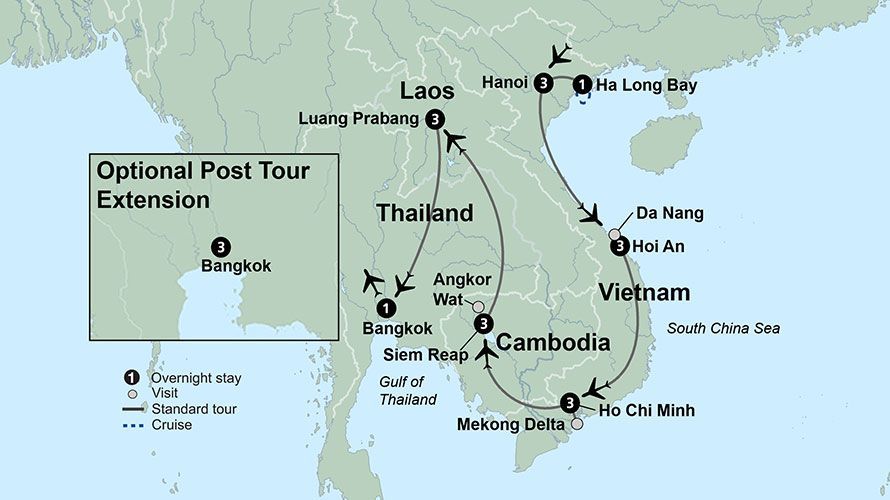 A map showing the route of Collette's Kingdoms of Southeast Asia tour.