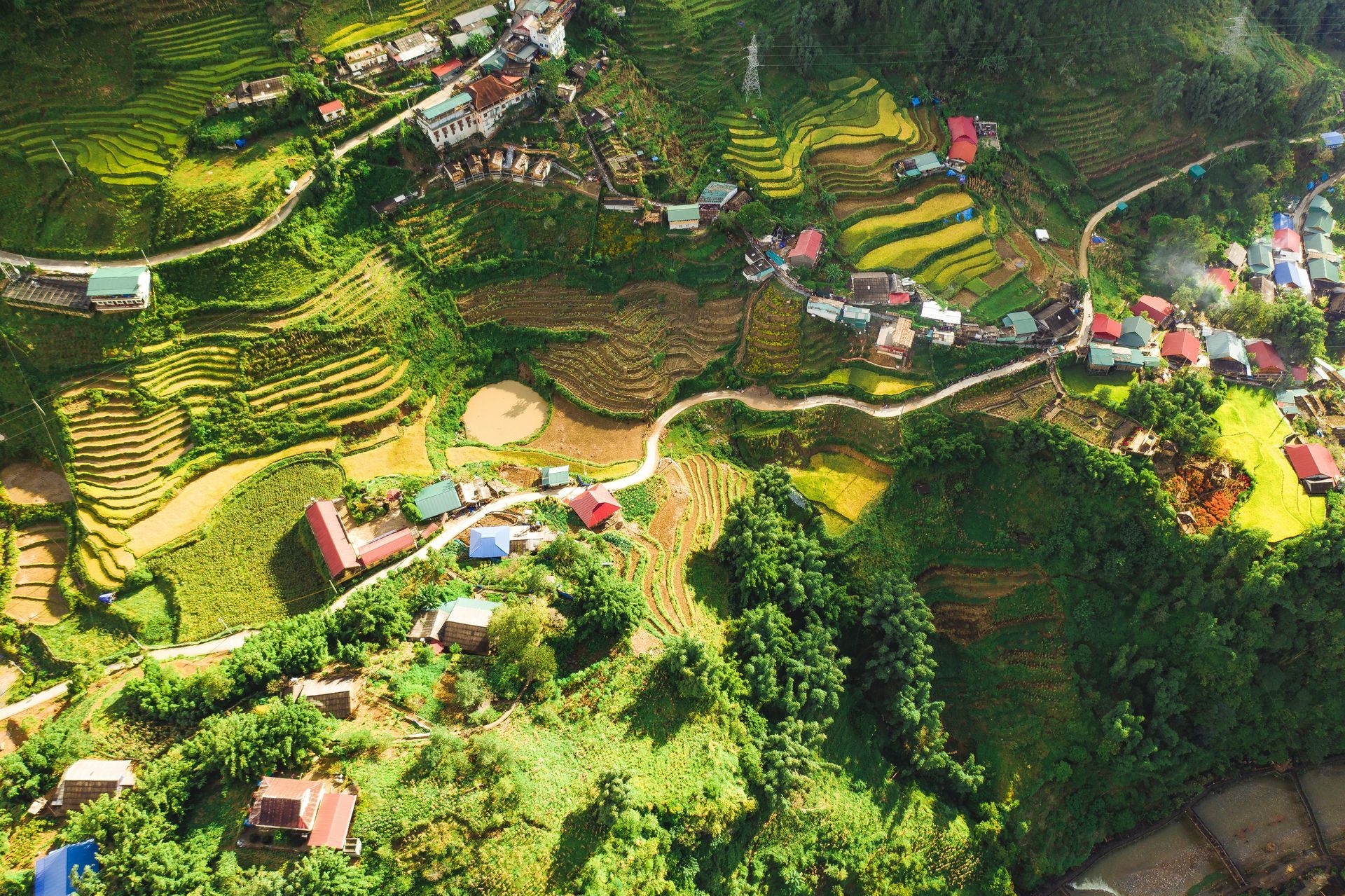 Aerial view of a village nestled in lush green terraced hills, with colorful rooftops in Sapa, Vietnam. 