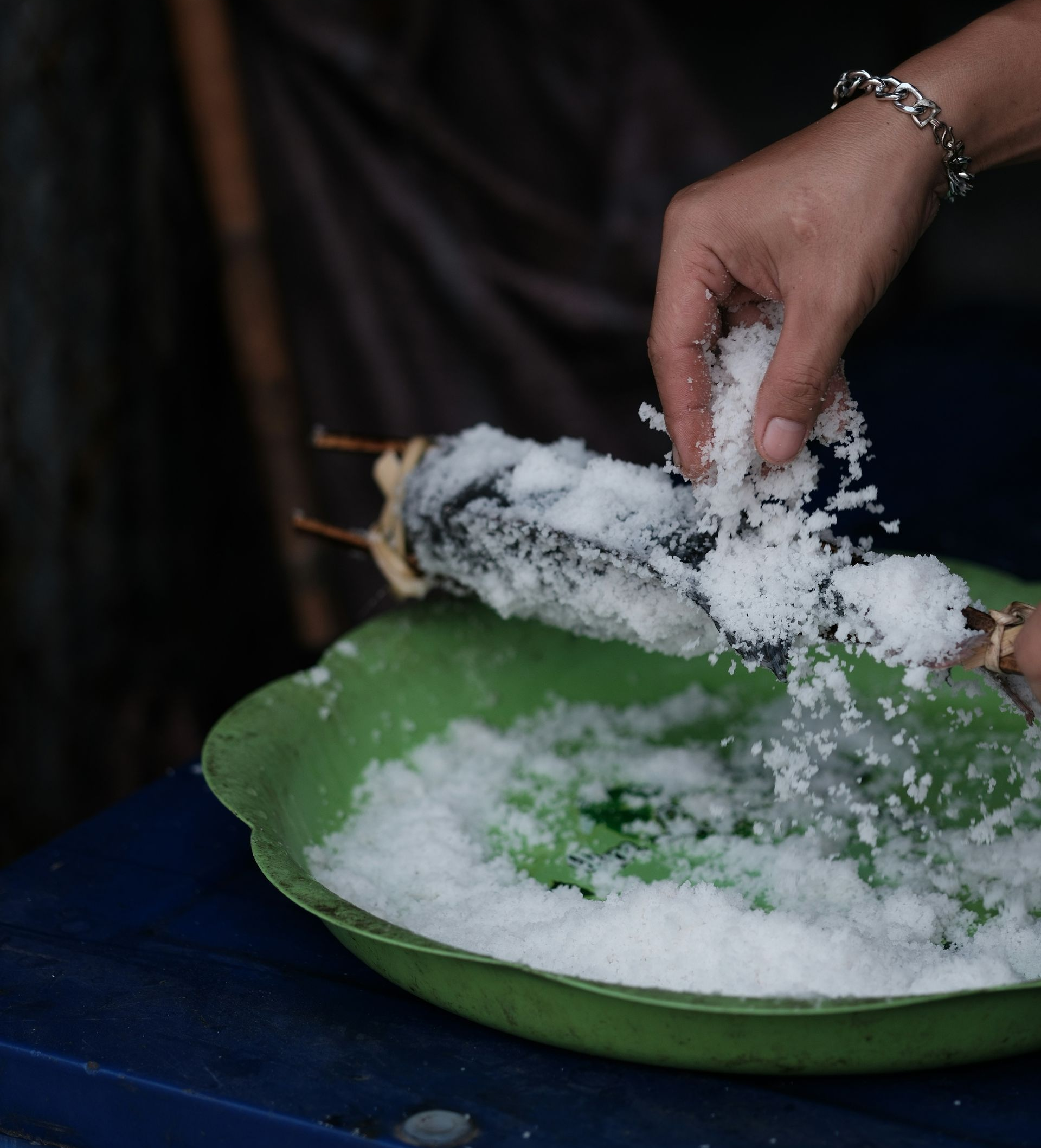A person sprinkles salt onto fish held on a bamboo skewer over a green bowl in Laos.