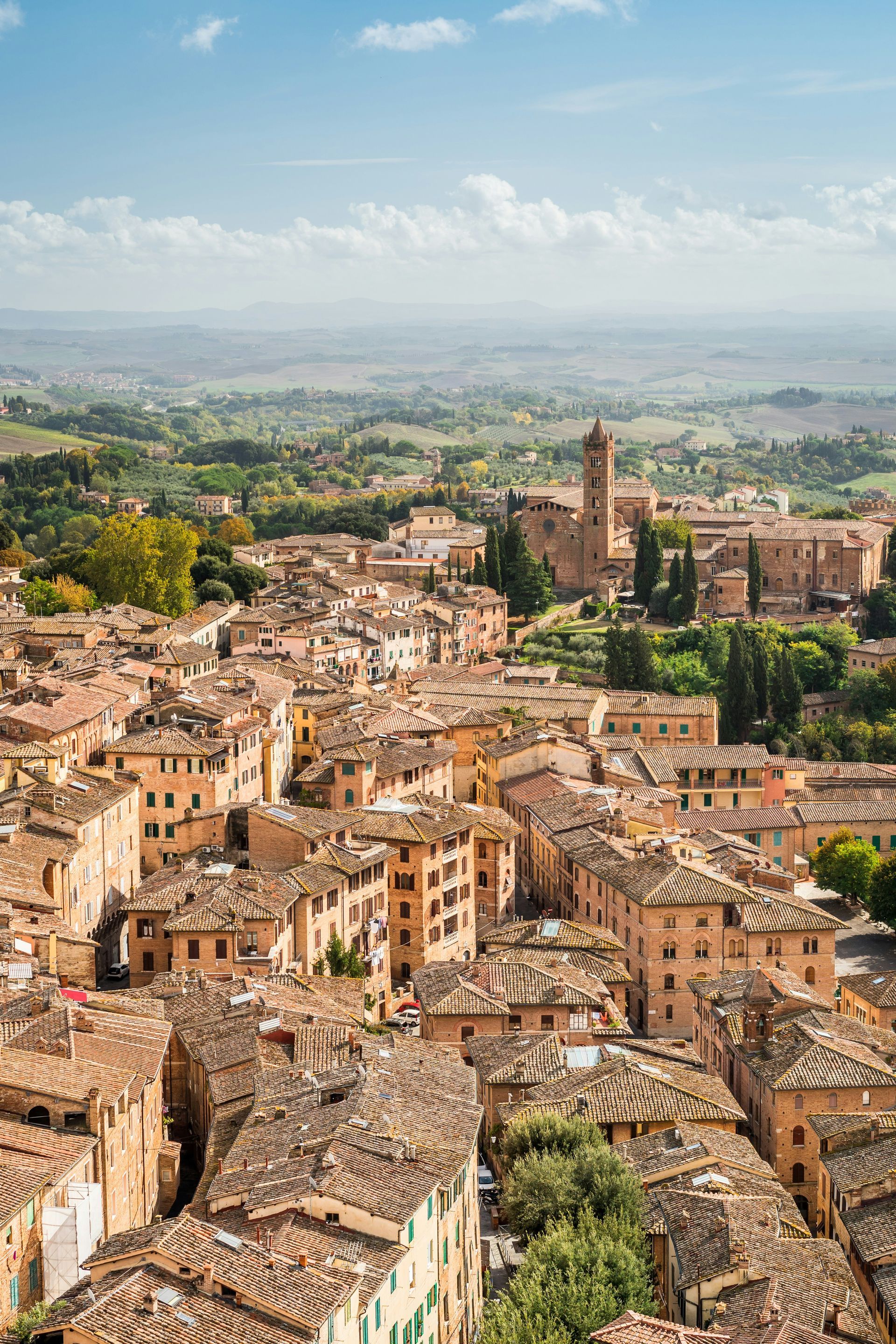An aerial view of a city with a lot of buildings and roofs in Siena, Italy.