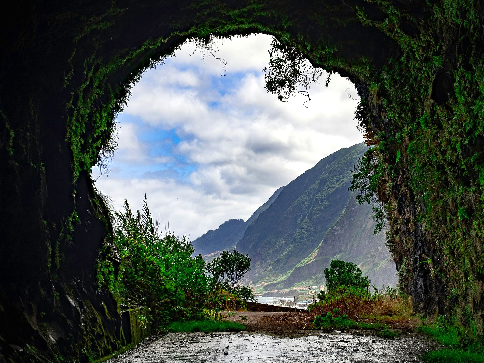 Tunnel opening to a mountain vista; green foliage frames the sky and mountains on the island of Madeira, Portugal.