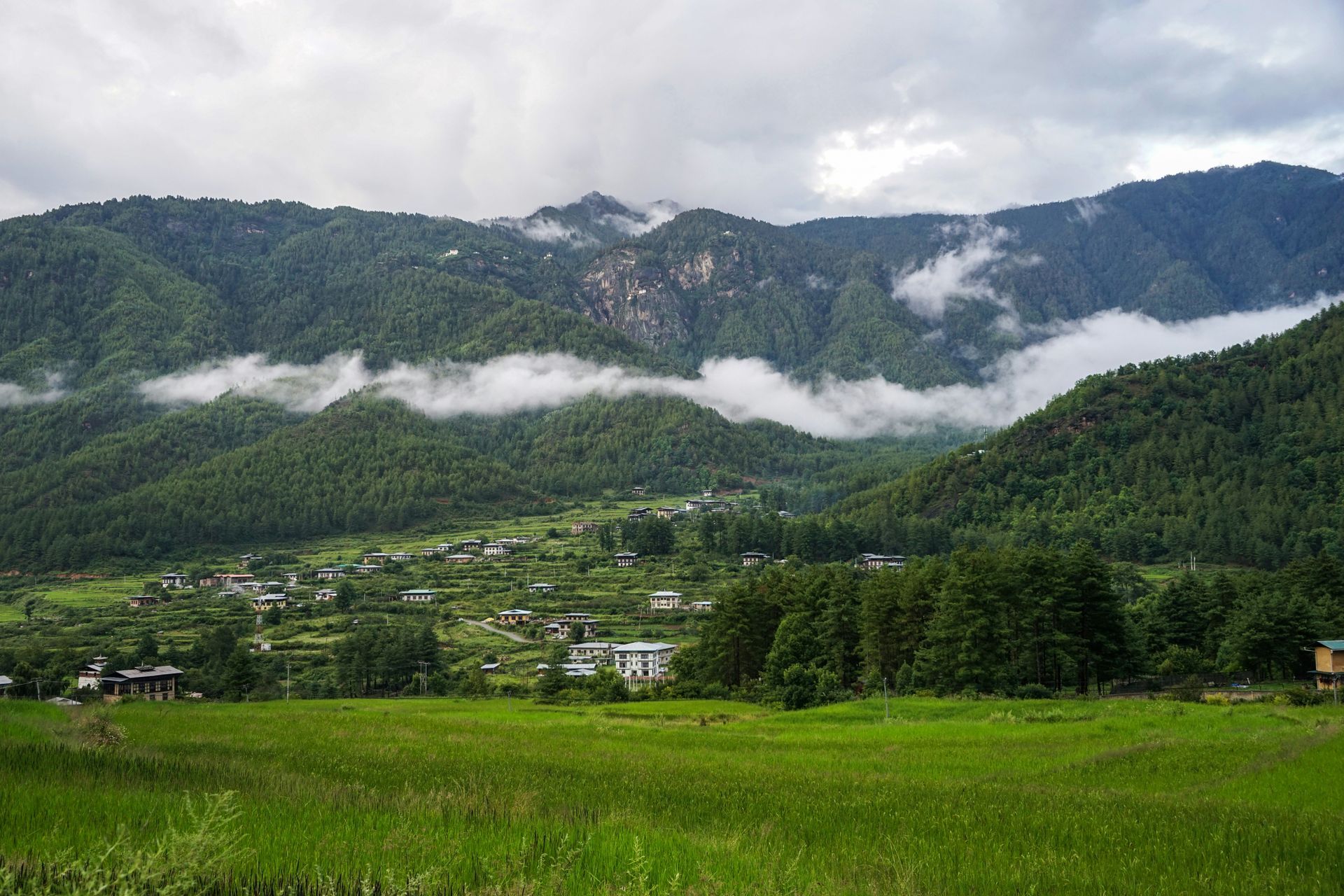 Green mountain landscape with village, clouds, and grassy field in Paro, Bhutan.