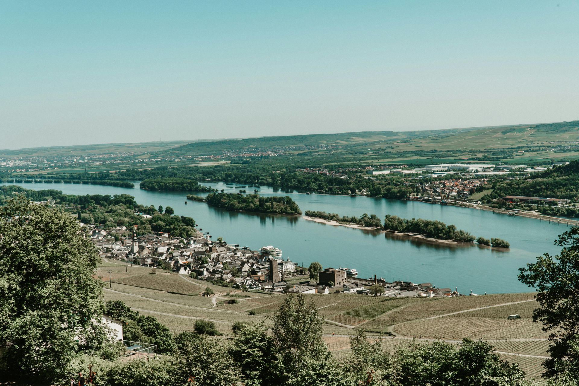 A river with a small island in the middle of it in Rudesheim, Germany.