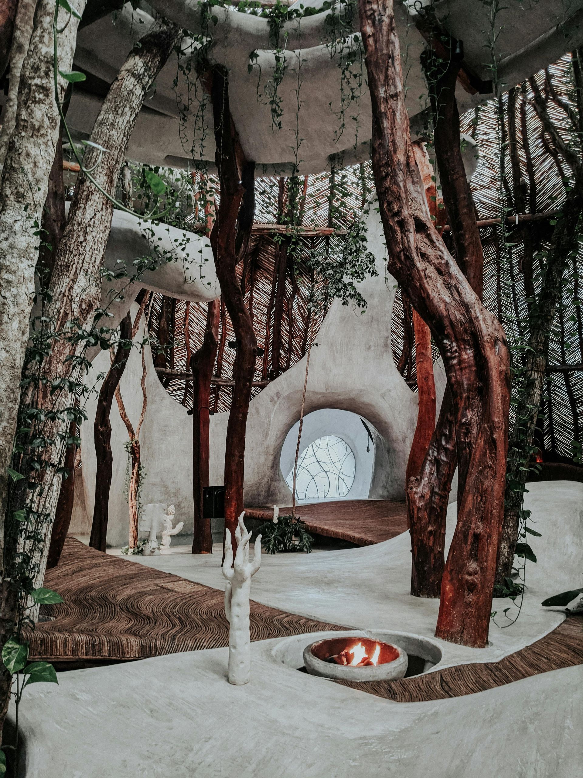 A room filled with lots of trees and a fire pit at Azulik in Tulum.