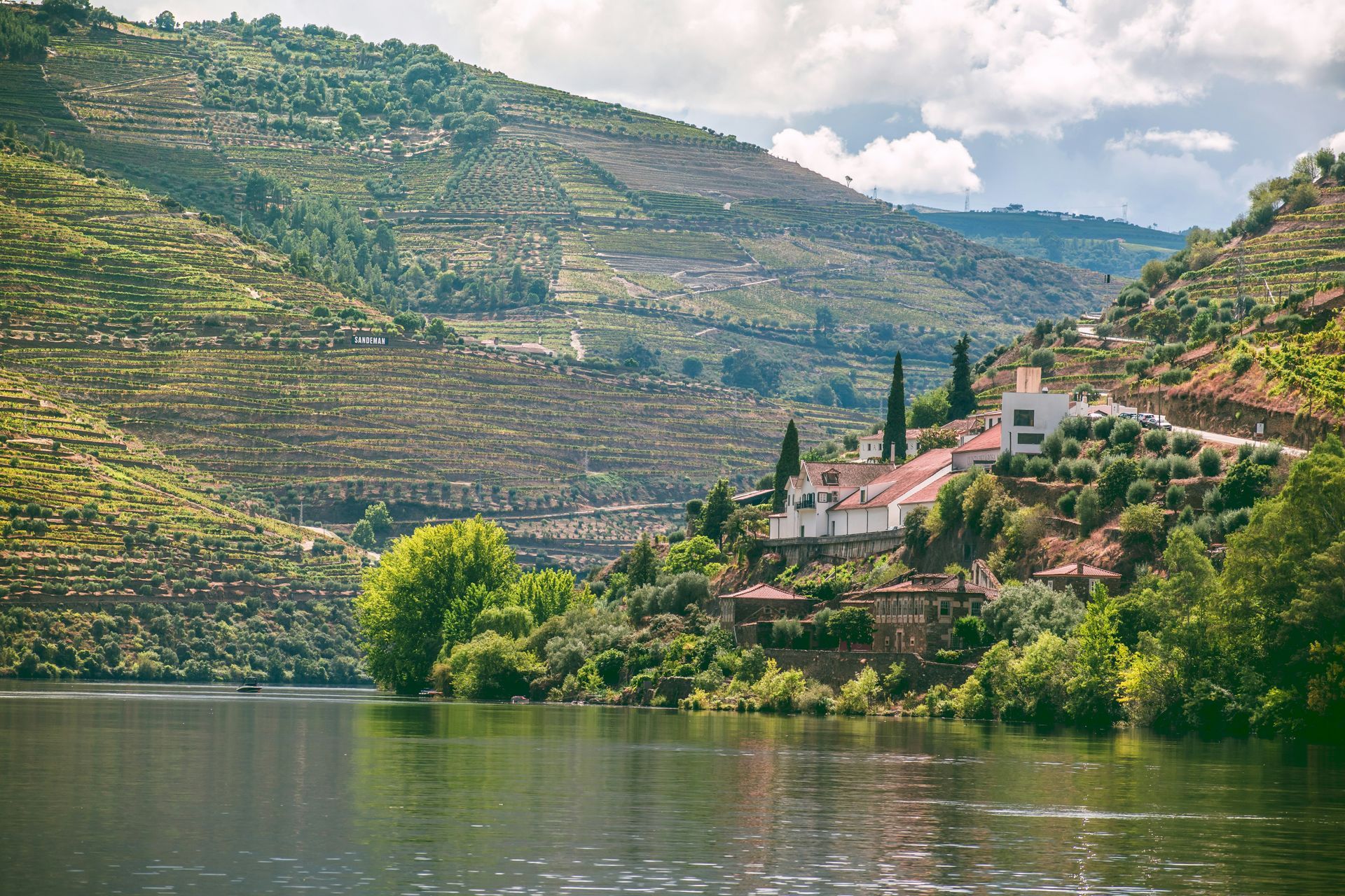 The Douro River is surrounded by mountains and vineyards with a house on the shore in Portugal.