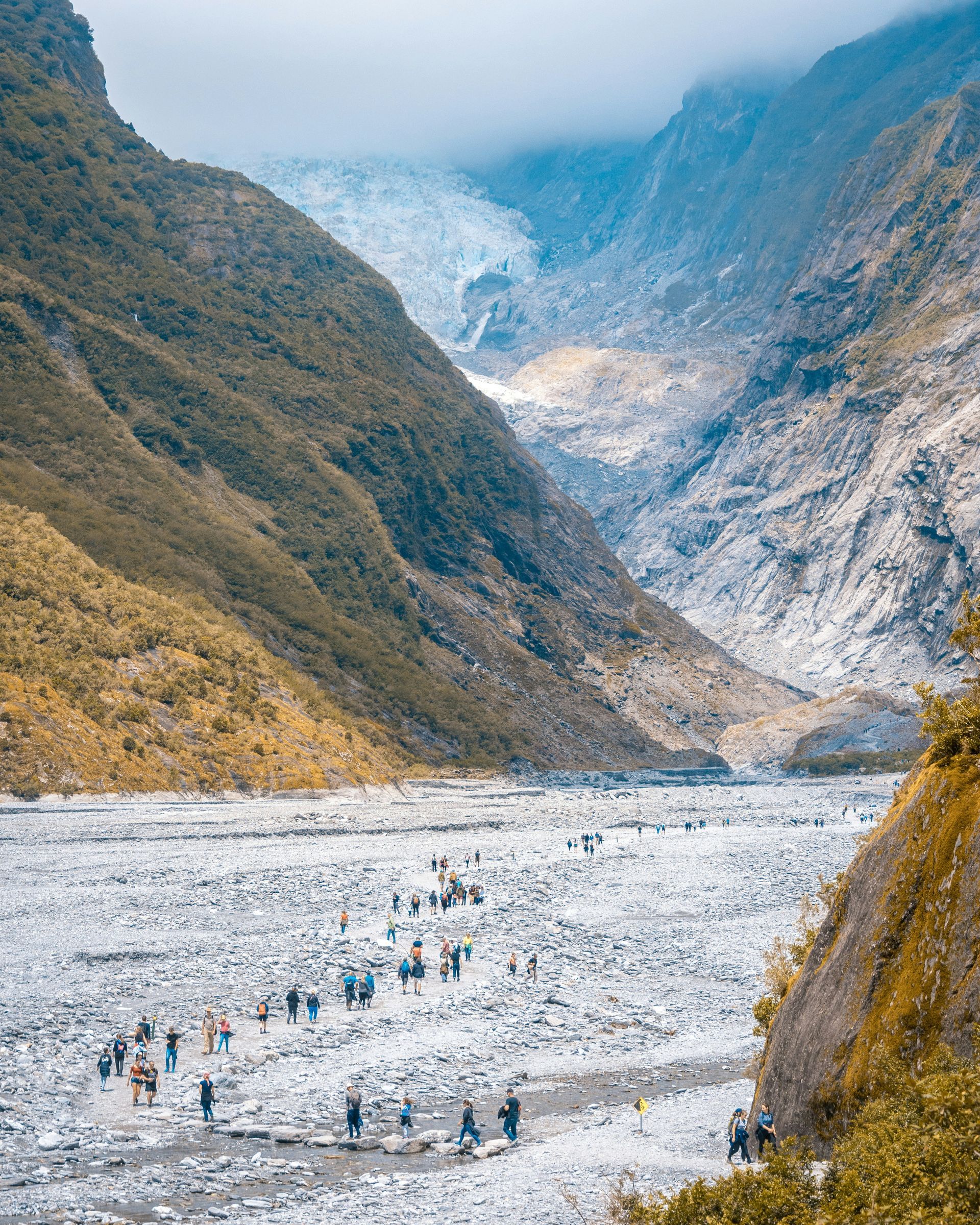 A group of people are walking across a river in front of the Franz Josef Glacier in New Zealand.