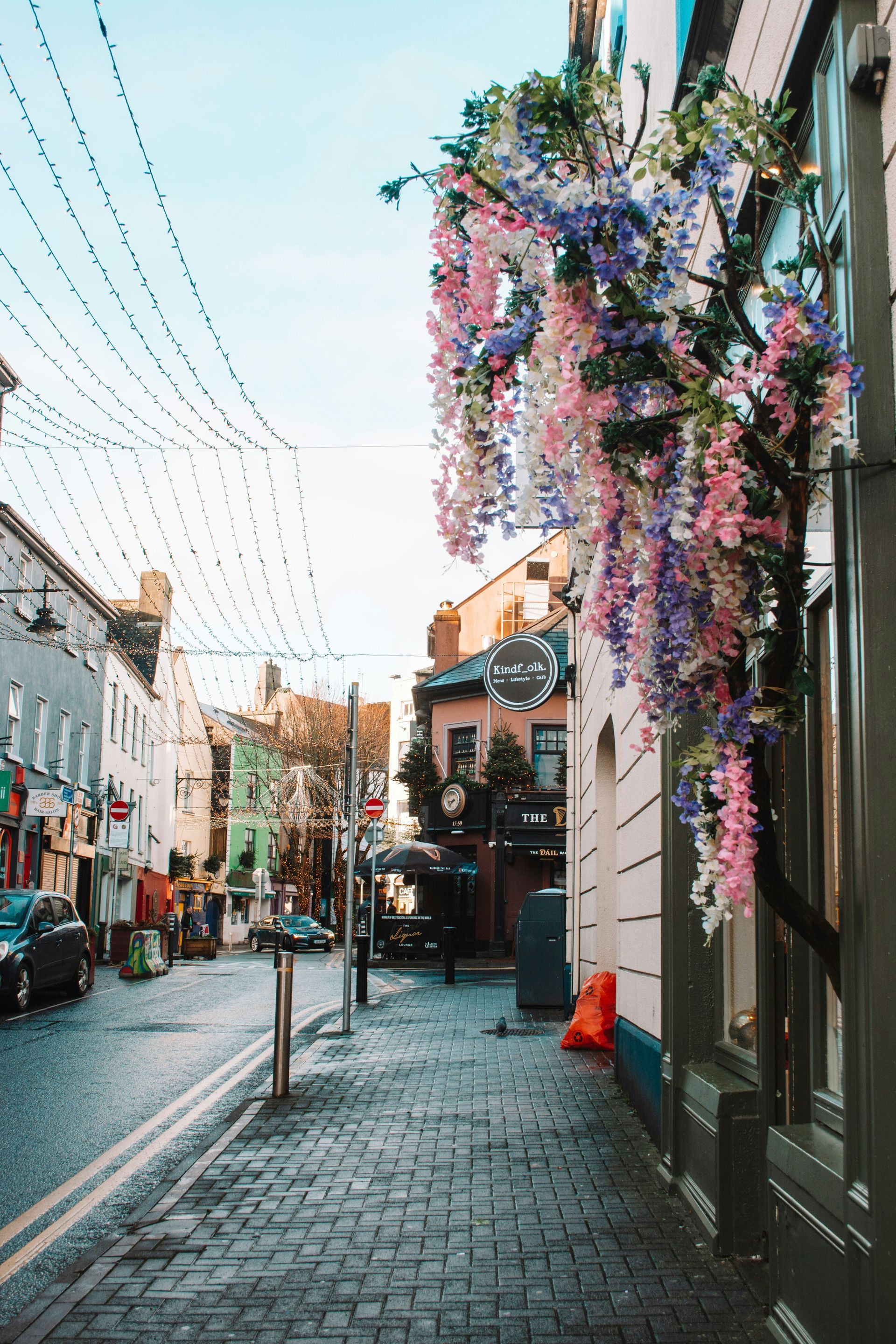Cobblestone street lined with colorful buildings, wisteria flowers, and hanging lights in Galway, Ireland.