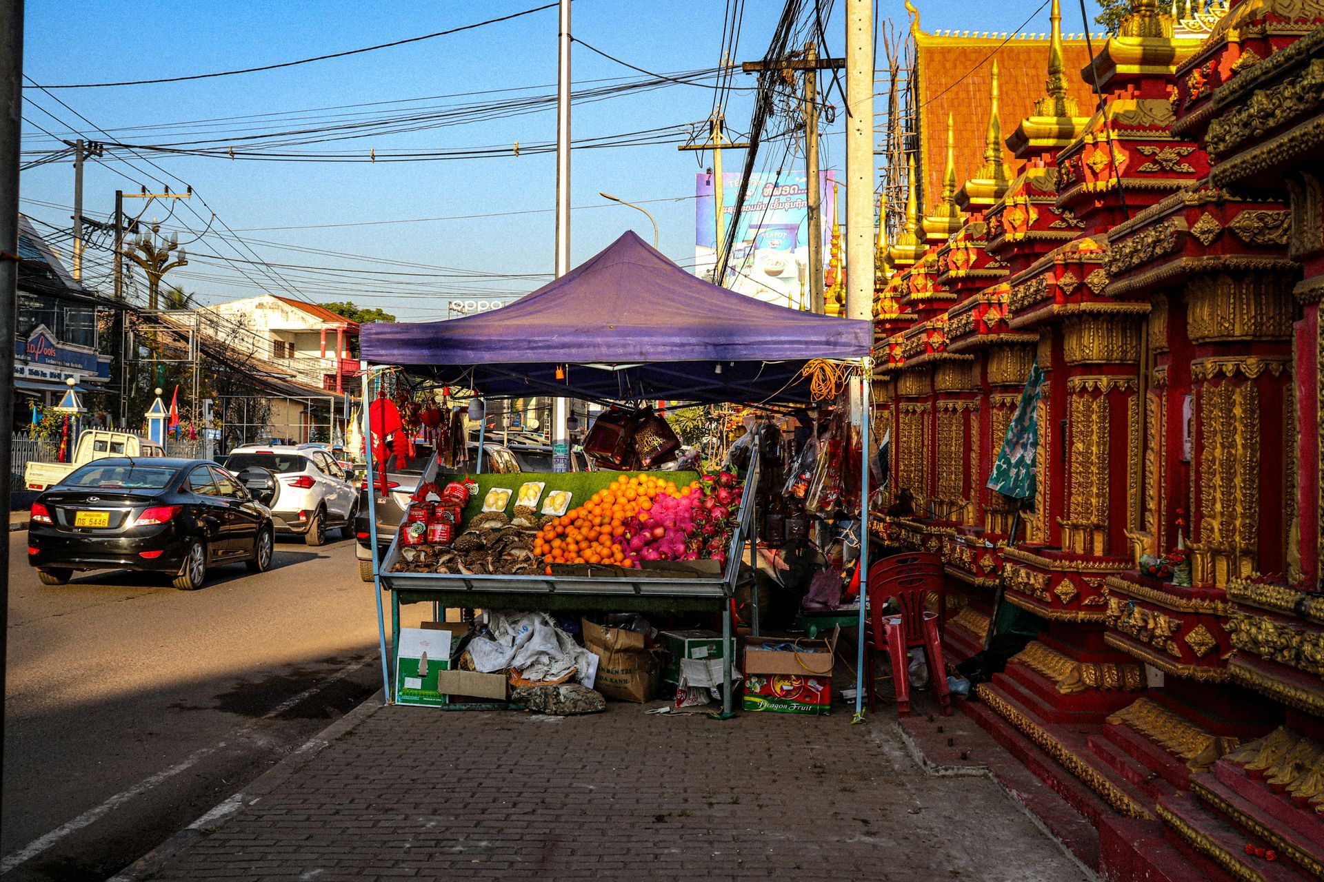 Street vendor stall with purple canopy selling flowers, alongside ornate gold temple wall in Vientiane, Laos.