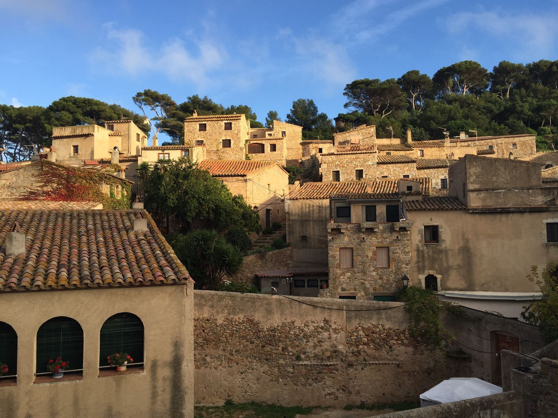 A row of buildings on a hillside with trees in the background in Tossa de Mar, Spain.