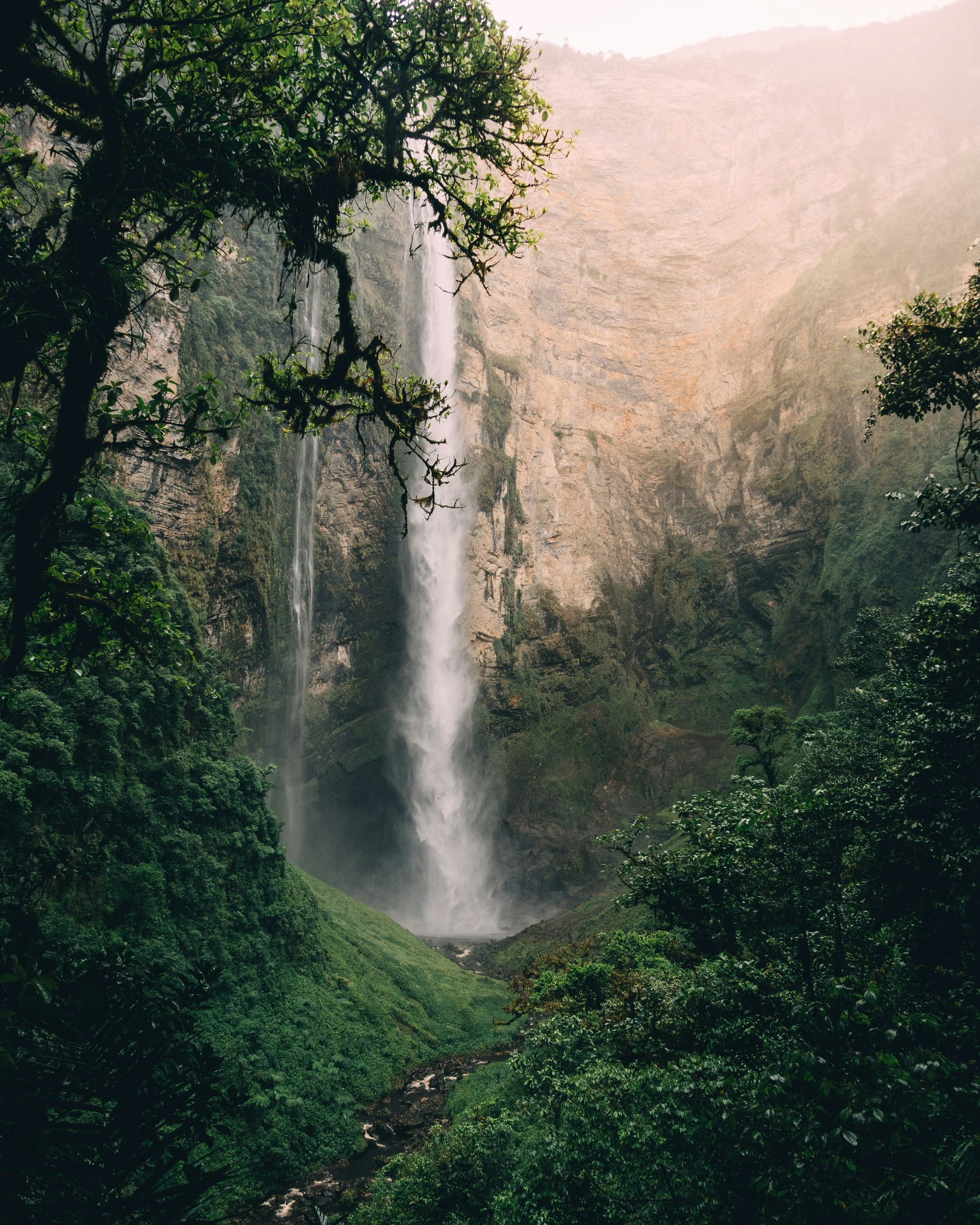 A waterfall in the middle of a forest surrounded by trees in the Amazon Rainforest of Peru.