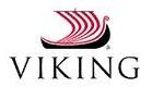 A logo for Viking Cruises with a red Viking ship on it.